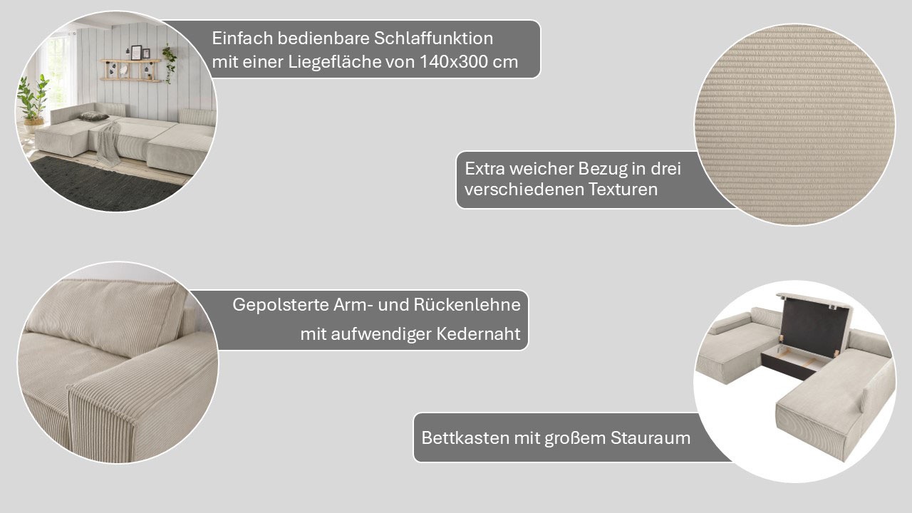 Thumbnail - Home affaire Wohnlandschaft "SHERWOOD 329 cm, U-Form, Schlafsofa," Schlaffunktion m. Bettkasten (194x139 cm), Cord, Vint...