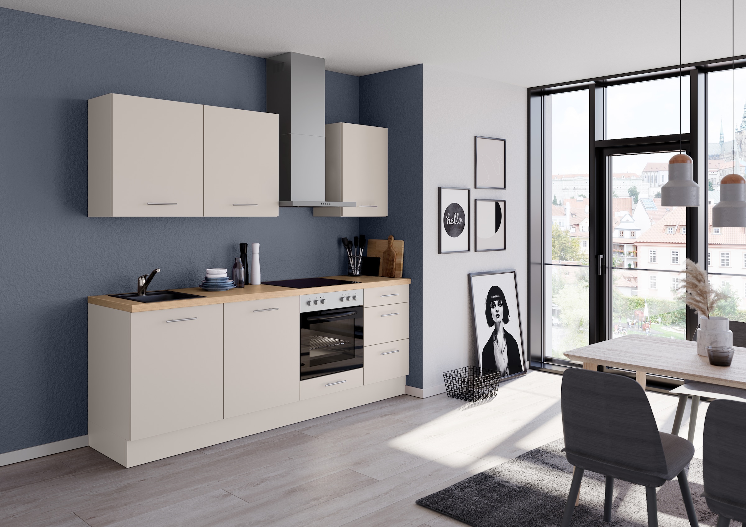 IMPULS KÜCHEN Küchenzeile »"Kopenhagen", Ausrichtung wählbar, Schubkästen mit Soft-Close«, vormontiert, wahlweise mit E-Geräten, Breite 220 cm