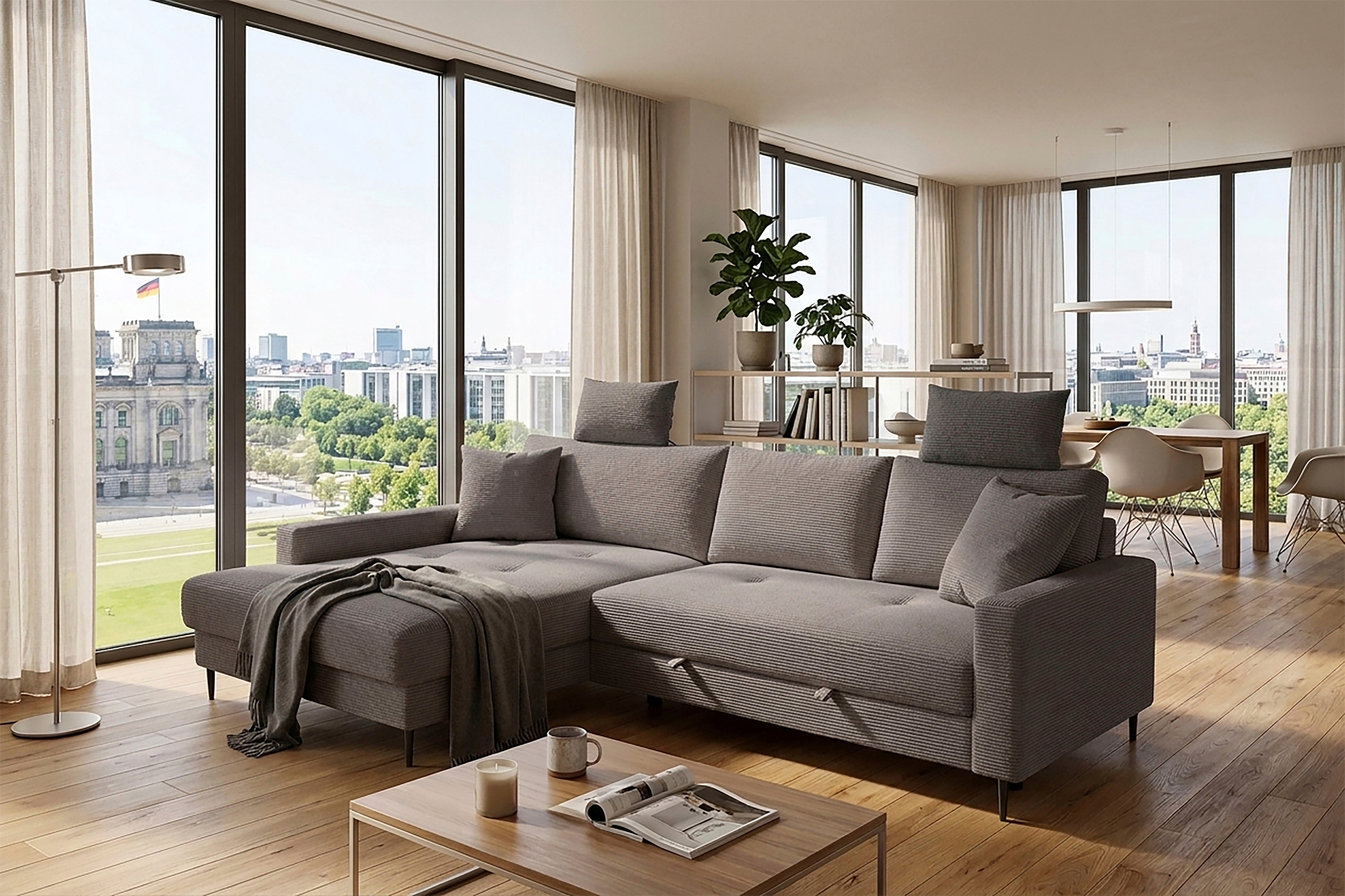 Trends by HG Ecksofa "Summer L-Form, B: 284 cm, Schlaffunktion, 2 Zierkissen" mit Kopfstützen, Wellenfederung, frei stellbar