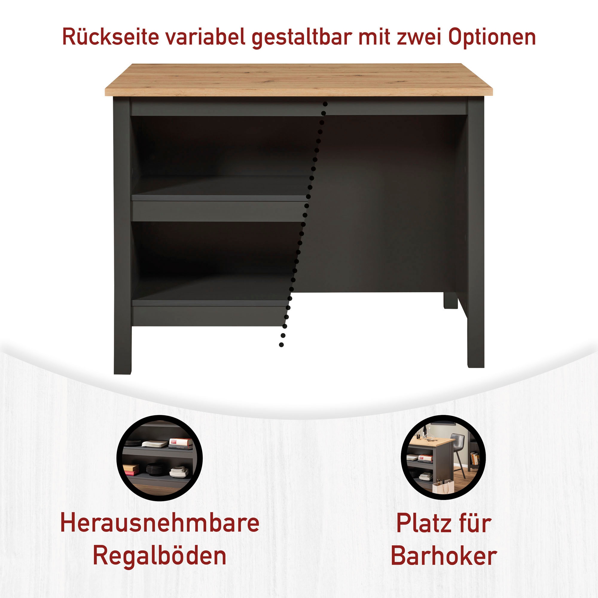 Inter Link Kücheninsel »Kücheninsel Piazza Nero« Schubladen, herausnehmbare Regalböden, Soft-Close, 124x75x91 cm