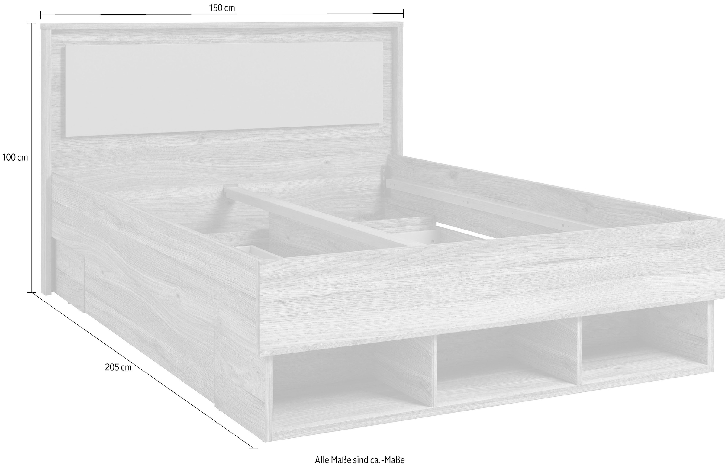 INOSIGN Bettgestell »Wharton, 140, 160 oder 180cm Breite, Made in Europe«, (mit oder ohne Stauraumschubladen), Doppelbett mit offenen Regalen, FSC-zertifizierter Holzwerkstoff
