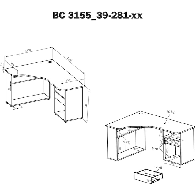 BEGA OFFICE Eckschreibtisch »BC3155«, schwarz mit Ablagefächer und  Schublade | BAUR