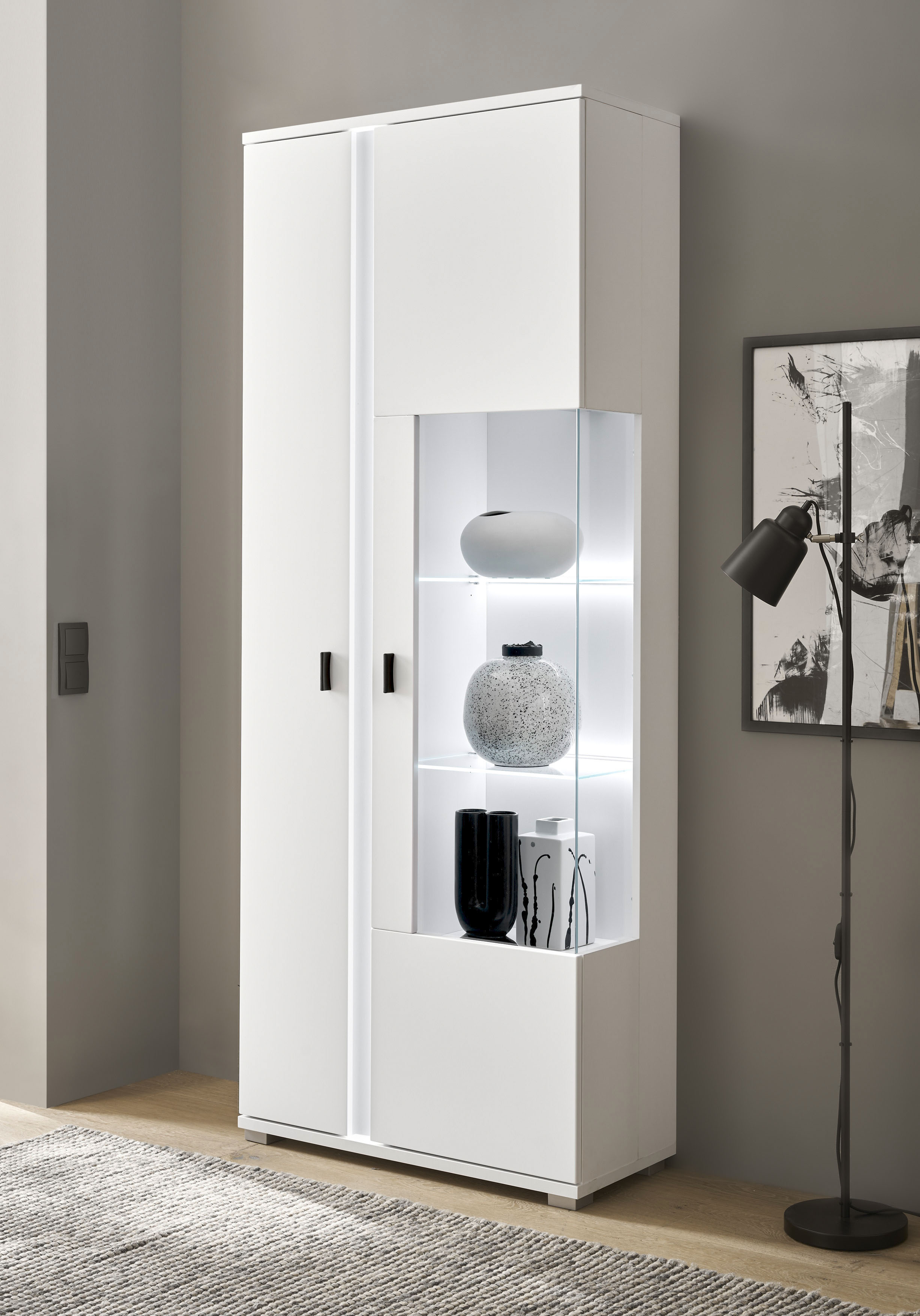 Home affaire Vitrine "LONG ISLAND, Stauraumvitrine" 1 Stk. tlg. in moderner Trendfarbe,inklusive senkrechter Beleuchtung,Breite 80 cm