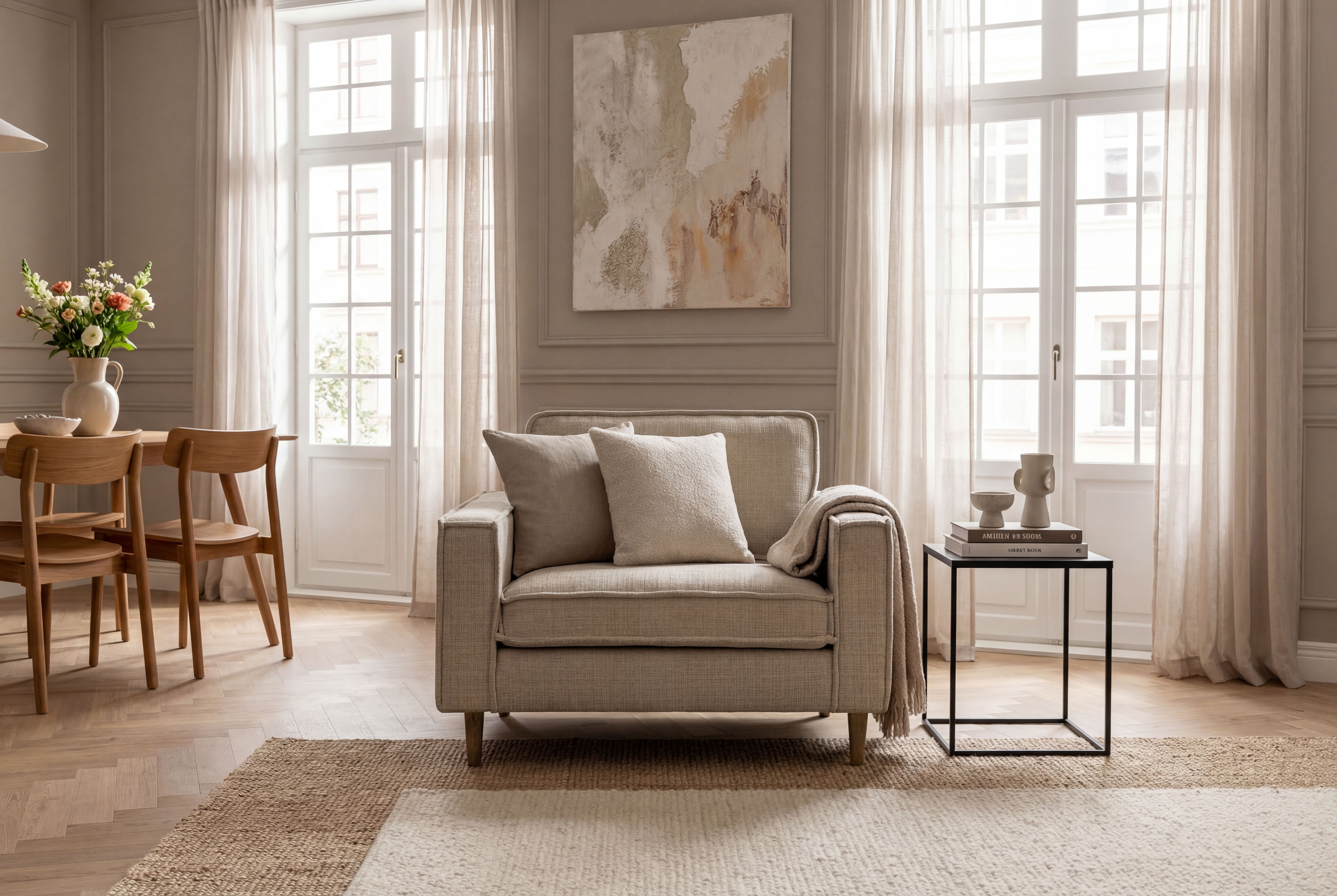 OTTO home Loveseat "Pinto Skandi 105 cm, Chenille, Struktur" mit Keder, Massivholzfüße Eiche geräuchert