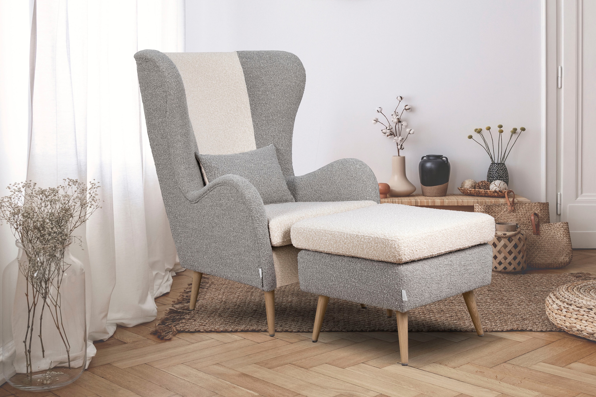 Guido Maria Kretschmer Home&Living Sessel »Salla Bezug Bouclé oder Struktur fein, Ohrensessel«, wahlweise mit oder ohne Hocker; großer Sessel: Maße B/T/H: 78/94/118cm