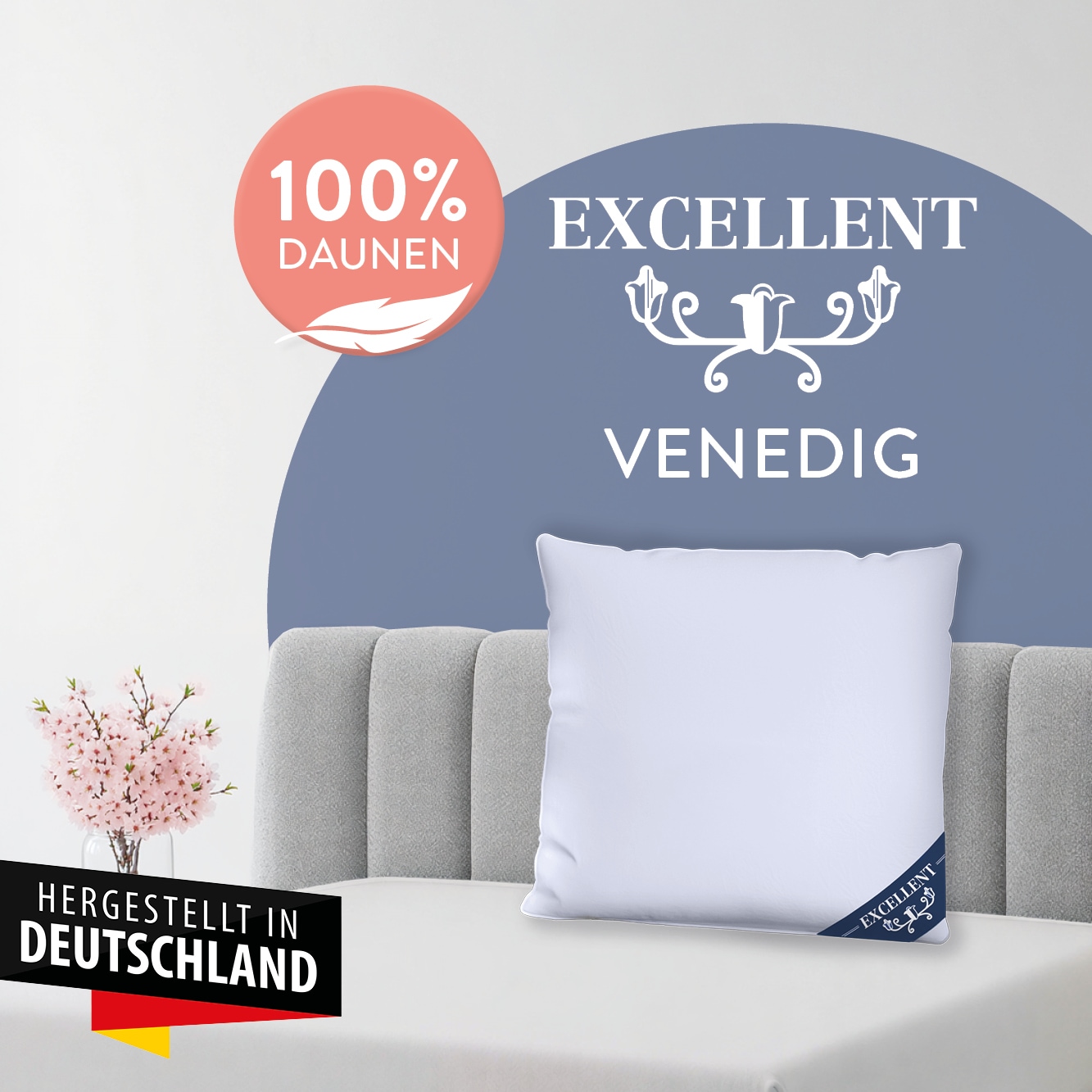 Excellent 3-Kammer-Kopfkissen "Venedig, Kissenparade1 tlg. oder 2 tlg. 40x40-80x80 cm" Füllung: weisseneueDaunenKlasseI100DaunenAussenweisseneueFedernKlasseI100FedernInnen 1 Stk. tlg. hergestellt in Deutschland