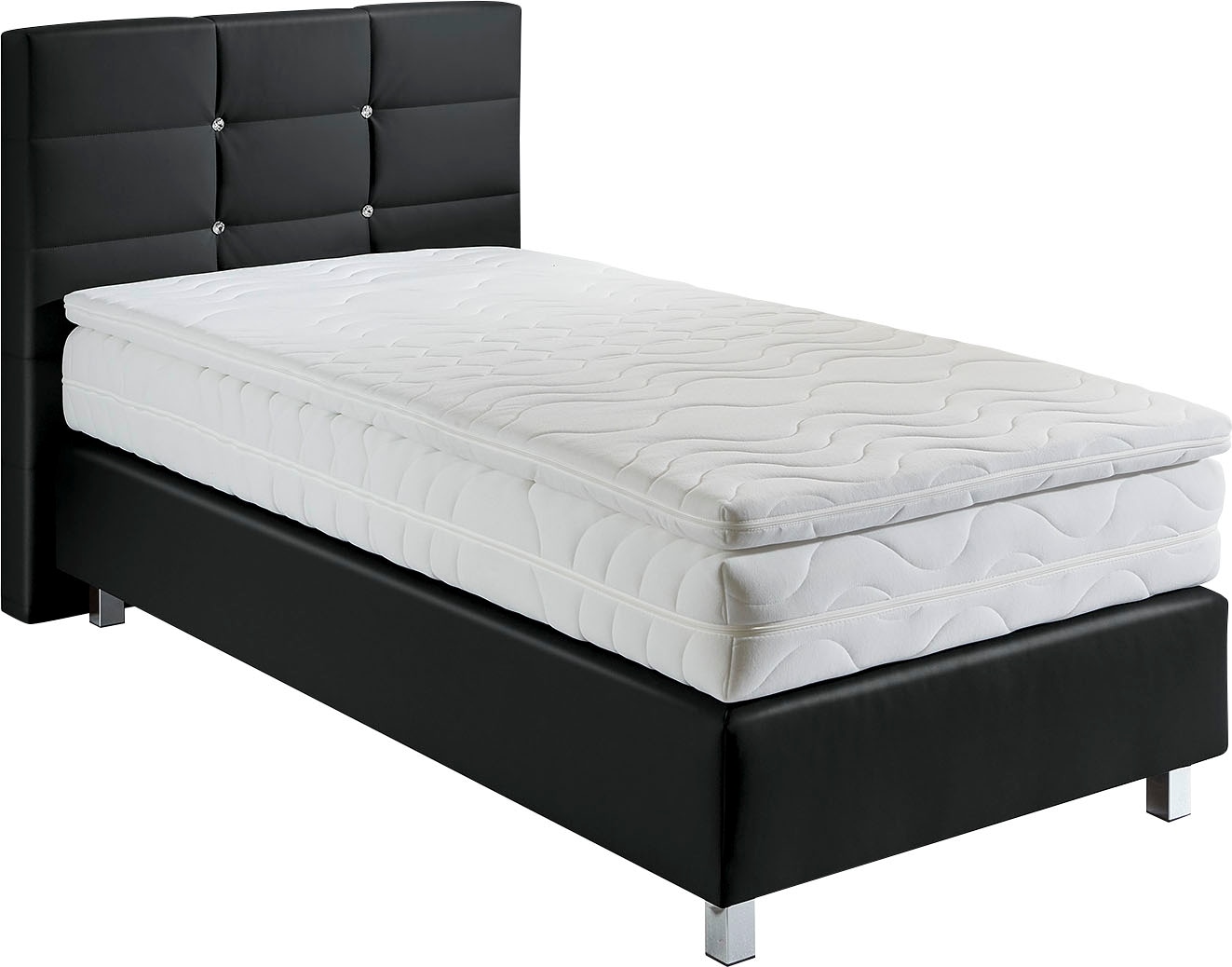 Boxspringbett, schwarz (scwarz), B:105cm L:210cm, Bezug: Kunstleder, Polyurethan;Polsterung: 100% Polyester, WESTFALIA SCHLAFKOMFORT, Komplettbetten, Boxspringbett, mit Knöpfen in Kristalloptik, wahlweise mit Topper