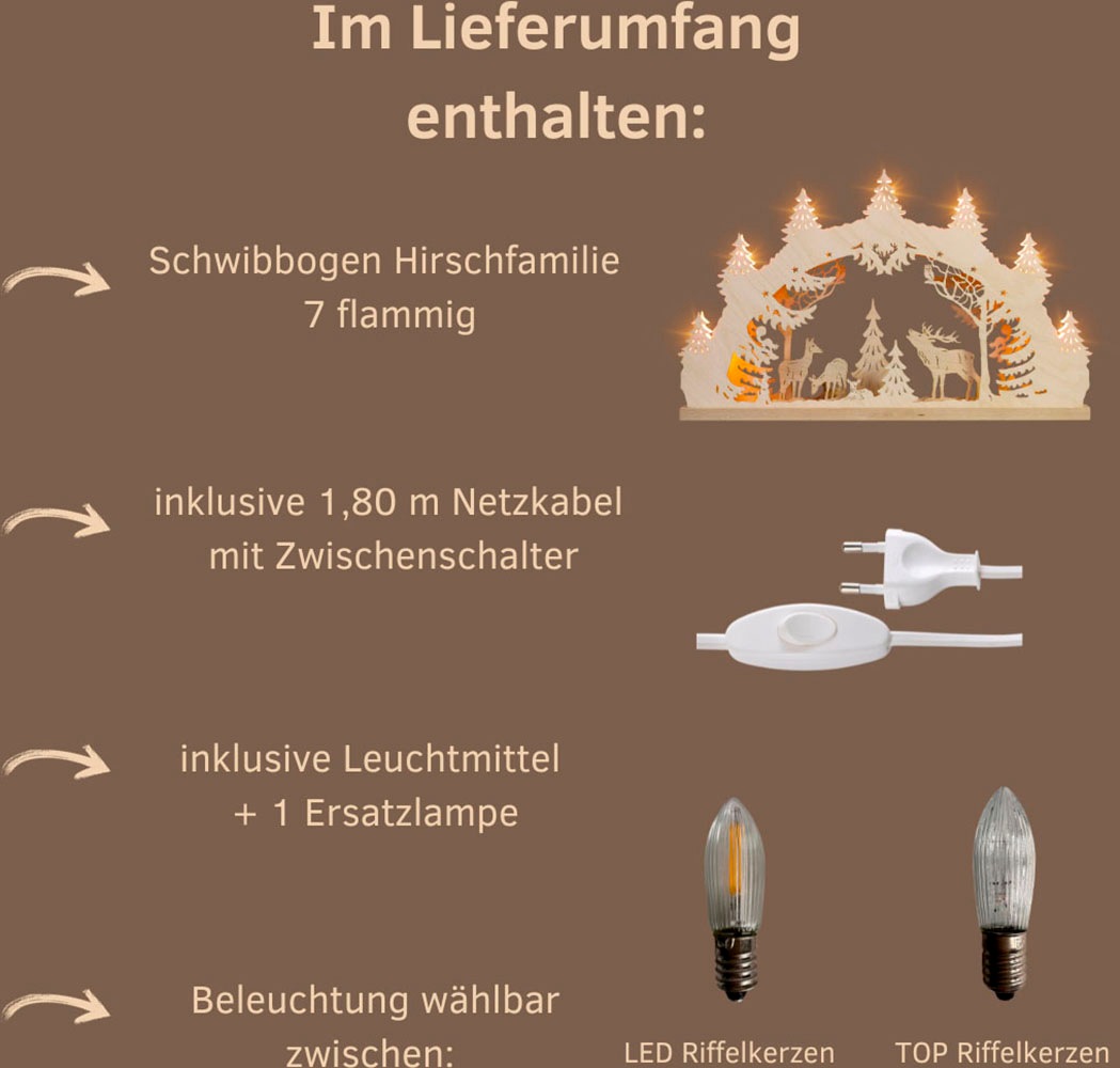 Weigla LED Schwibbogen »Hirschfamilie, Lichterbogen aus Holz, NATUR«, Erzgebirge garantiert, Weihnachtsdeko Innen, Weihnachtsbeleuchtung