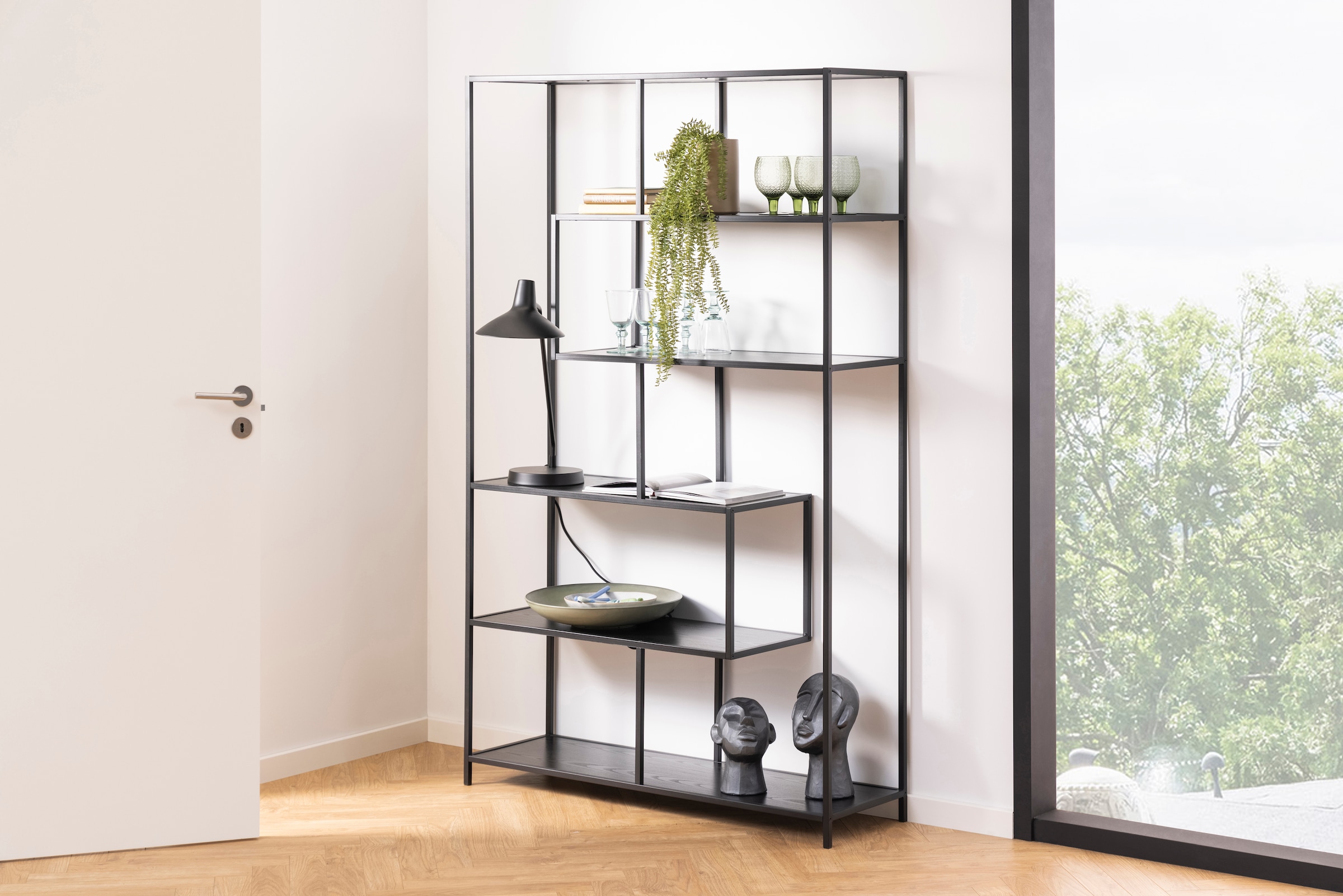 ACTONA GROUP Bücherregal, Metallgestell, modernes Design, 5 Einlegeböden, asymmetrische Details