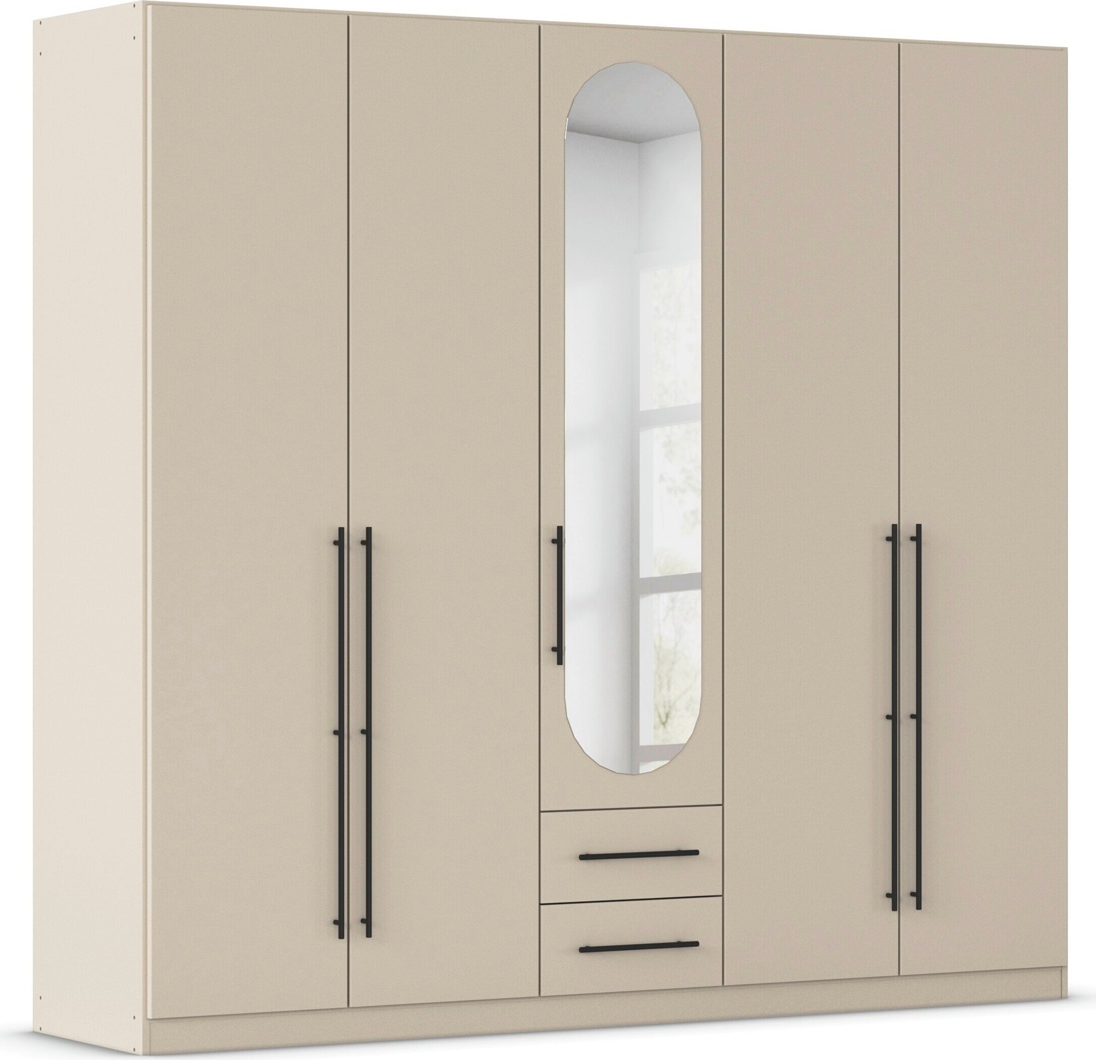 OTTO home Kleiderschrank "Schlafzimmer Schrank Garderobe RONDO Breiten 136/181/226/271 cm" 3 verschiedene Ausstattungen BASIC/CLASSIC/PREMIUM (inkl. SOFT-CLOSE), elegante ovale Spiegelelemente Metallgriffe in Schwarz MADE IN GERMANY
