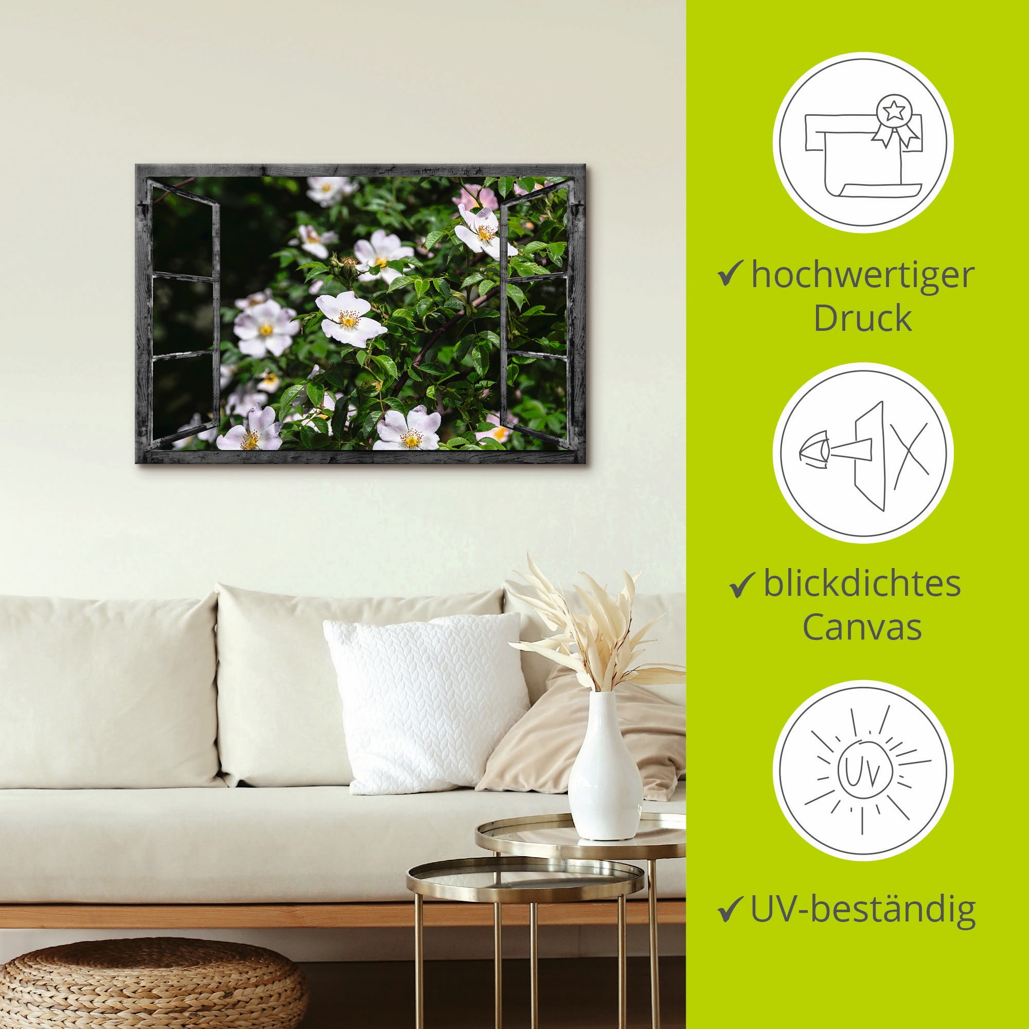 Artland Leinwandbild »Fensterblick - Wildrosen«, Fensterblick, (1 St.), auf Keilrahmen gespannt