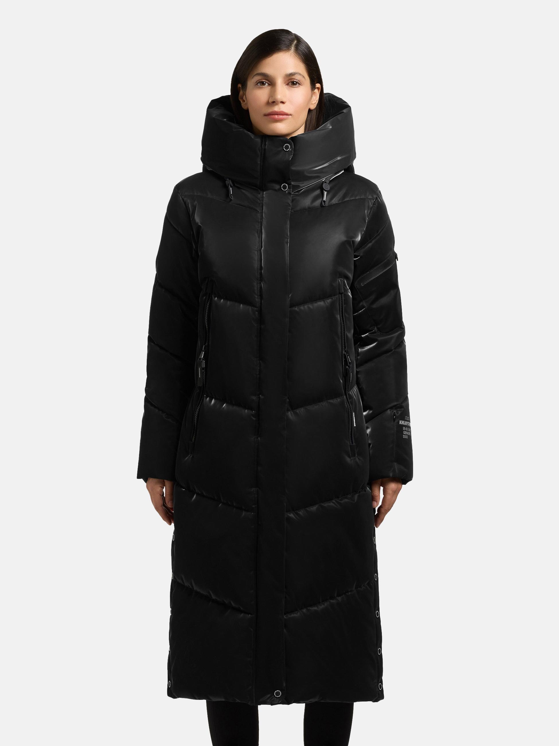 Wintermantel KHUJO "Pulset Shiny", Damen, Gr. XS (34), schwarz, Obermaterial: 100% Polyester; Innenfutter: 100% Polyester; Wattierung: 100% Polyester; Ärmelfutter: 100% Polyester, gerade knieumspielend, hoch geschlossener Ausschnitt, Ärmel ohne Ärmelschli