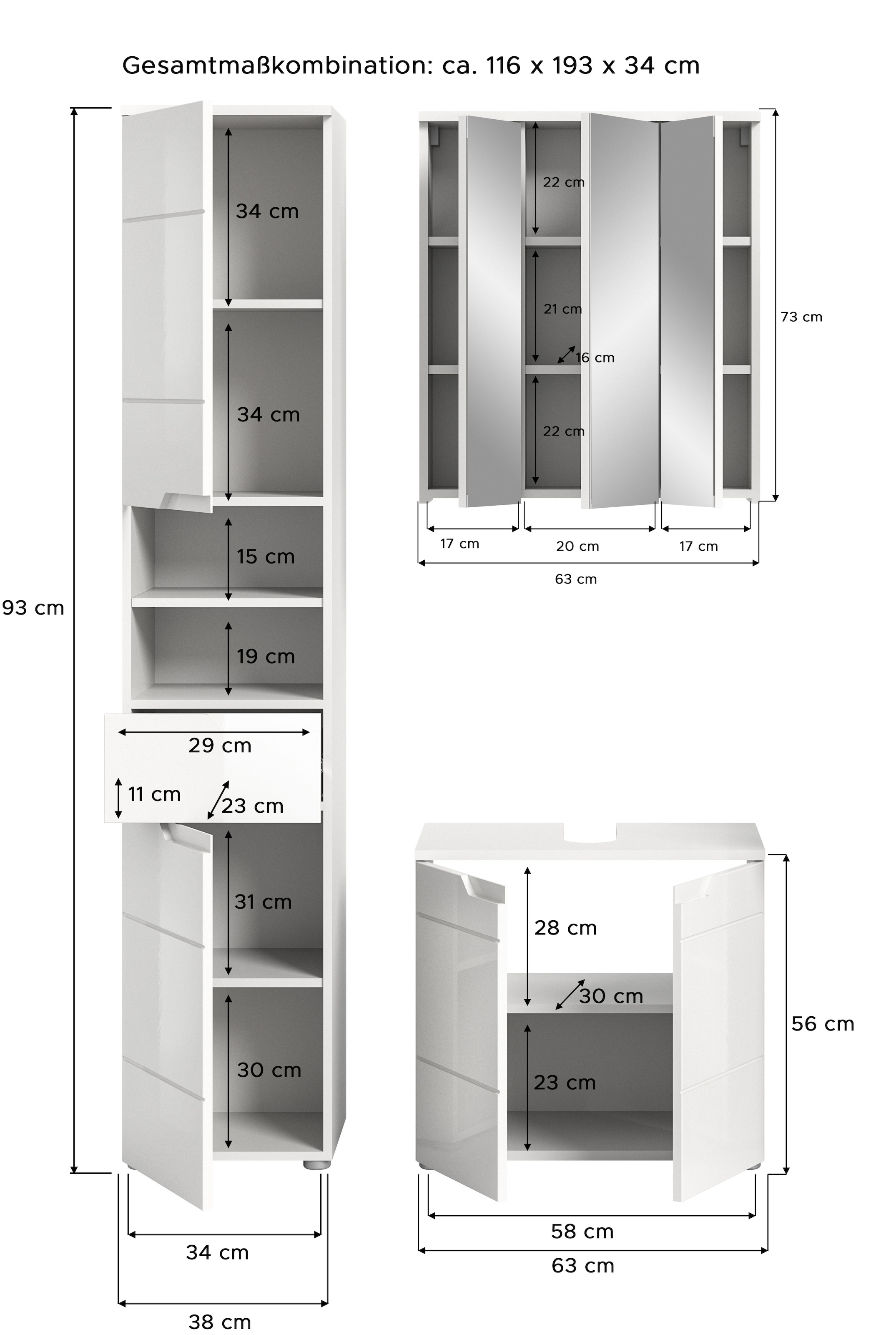 INOSIGN Badmöbel-Set »CAPRI, 3-teilig, mit eingefasster Griffmulde, bestehend aus:«, Hochschrank, Waschbeckenunterschrank und Spiegelschrank
