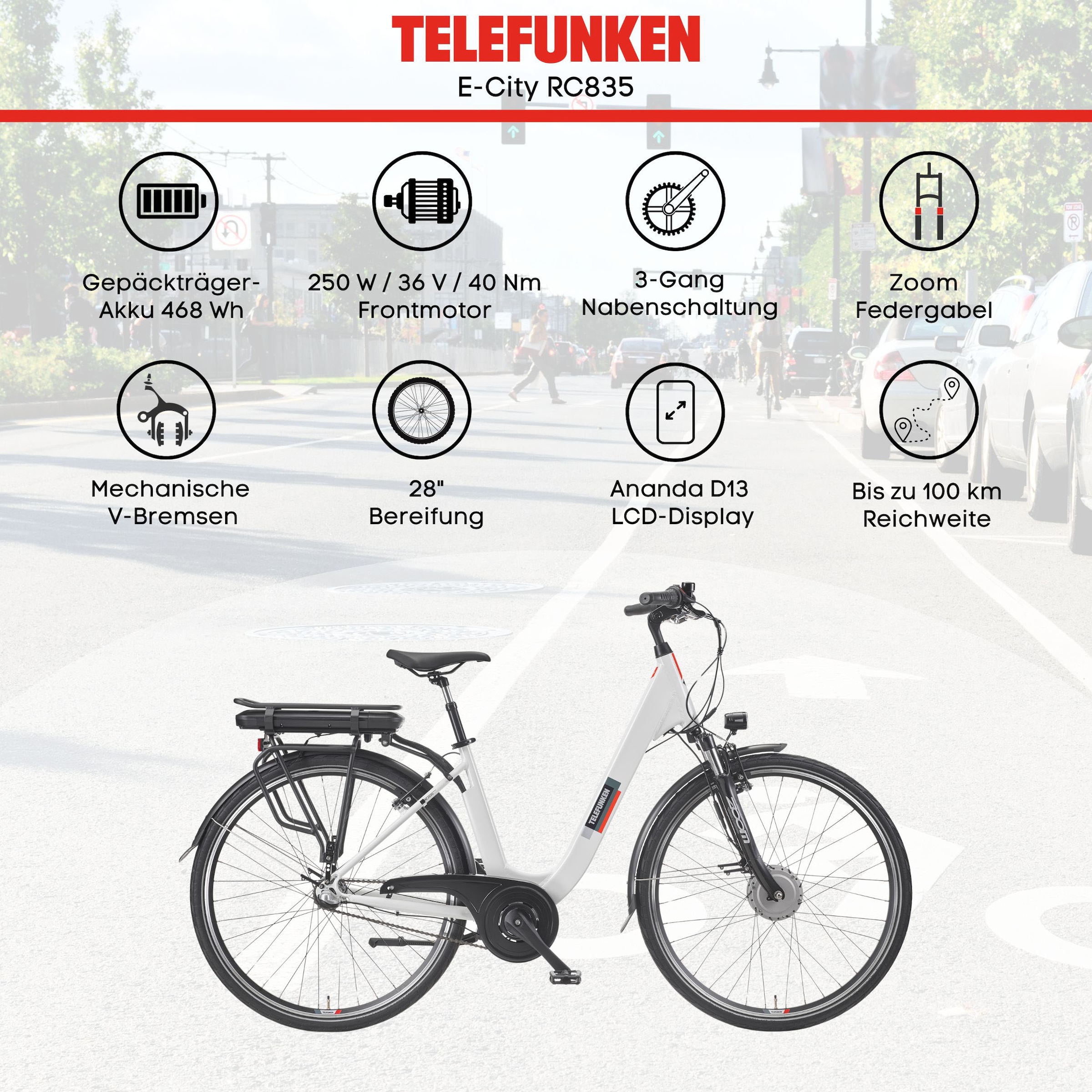 Telefunken E-Bike »Multitalent RC835«, 3 Gang, Shimano, Frontmotor 250 W, (28 Zoll, Straßenzulassung, ca. 100 km Reichweite), Pedelec, Elektrofahrrad für Herren u. Damen, tiefer Einstieg