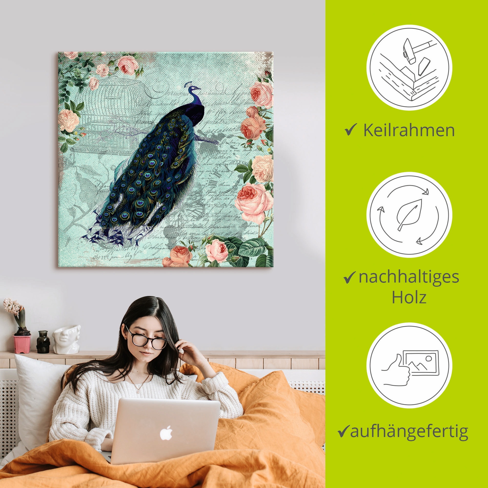 Artland Leinwandbild »Vintage Rosen und Pfau Illustration«, Vögel, (1 St.), auf Keilrahmen gespannt