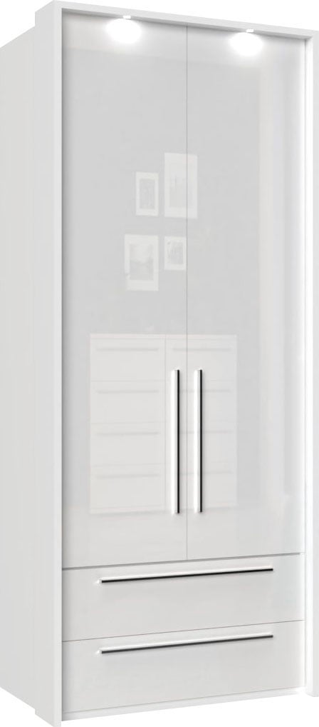 OTTO home Drehtürenschrank "Piano, inklusive Rahmen und Beleuchtung, soft-close-Funktion" viele Breiten zur Auswahl, 226cm hoch, mit jeweils 2 Schubladen, beige oder weiß, UV lackiert, Hochglanzfronten, FSC-zertifiziert