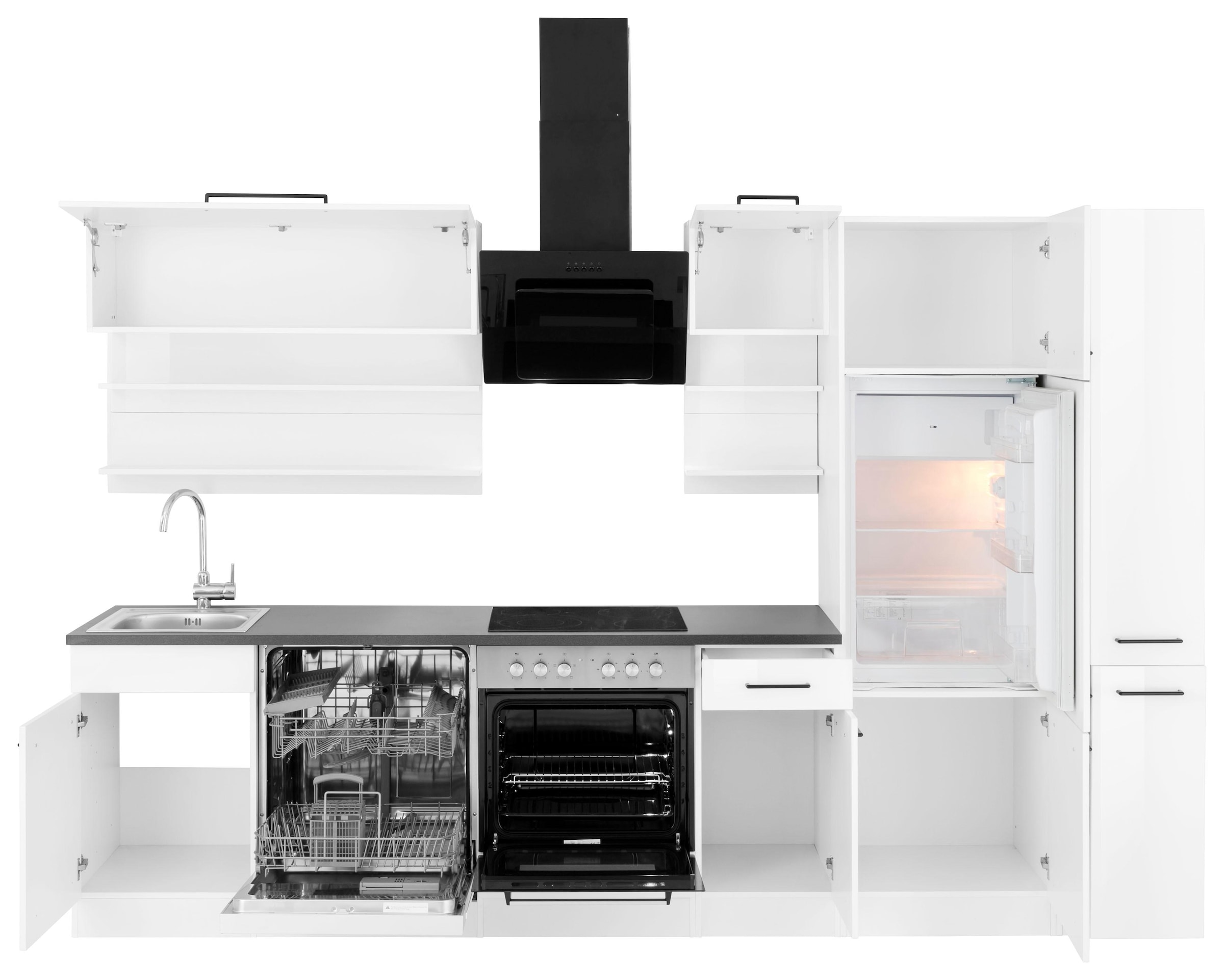 KOCHSTATION Küchenzeile »KS-Tulsa«, mit E-Geräten, Breite 300 cm, schwarze Metallgriffe, MDF Fronten