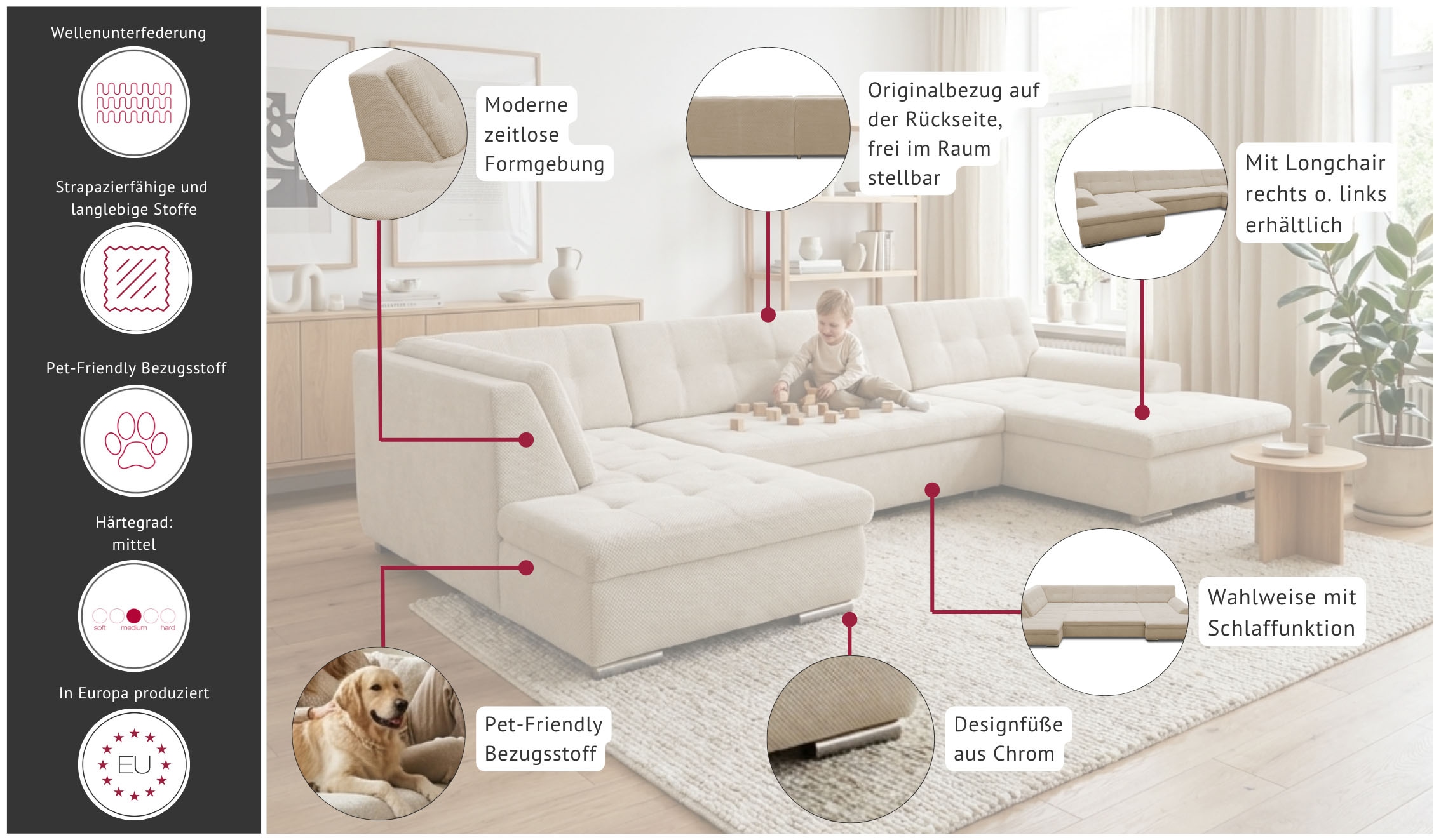 OTTO home Wohnlandschaft »Tornby 360 x 201 cm, mit Steppungen, modern & stabil« L-Form, aus haustierfreundlichem Pet Friendly Bezug