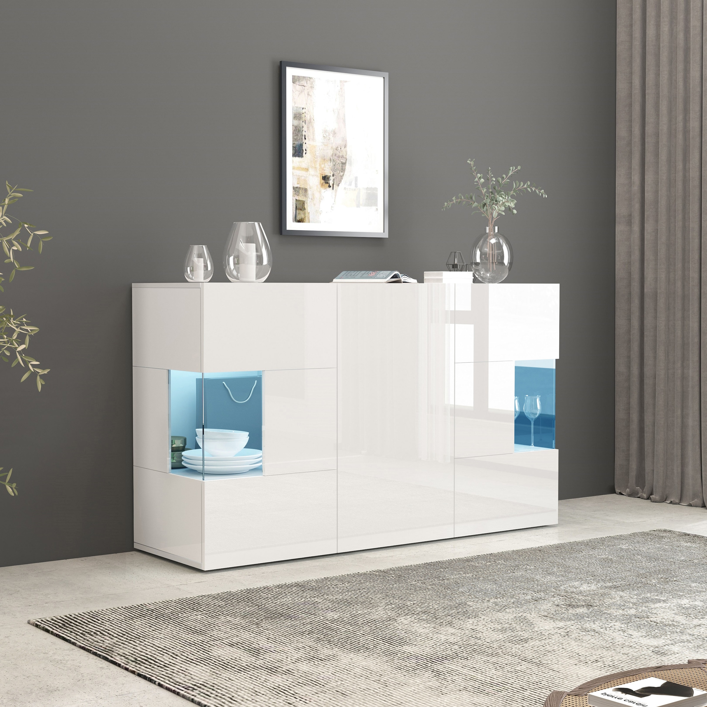INOSIGN Sideboard »Egypt, Kommode, Schrank, Kredenz, Vitrine grifflos«, 3 Türen davon 2 mit Glaseinsatz, kompl. Hochglanz lackiert Breite 135