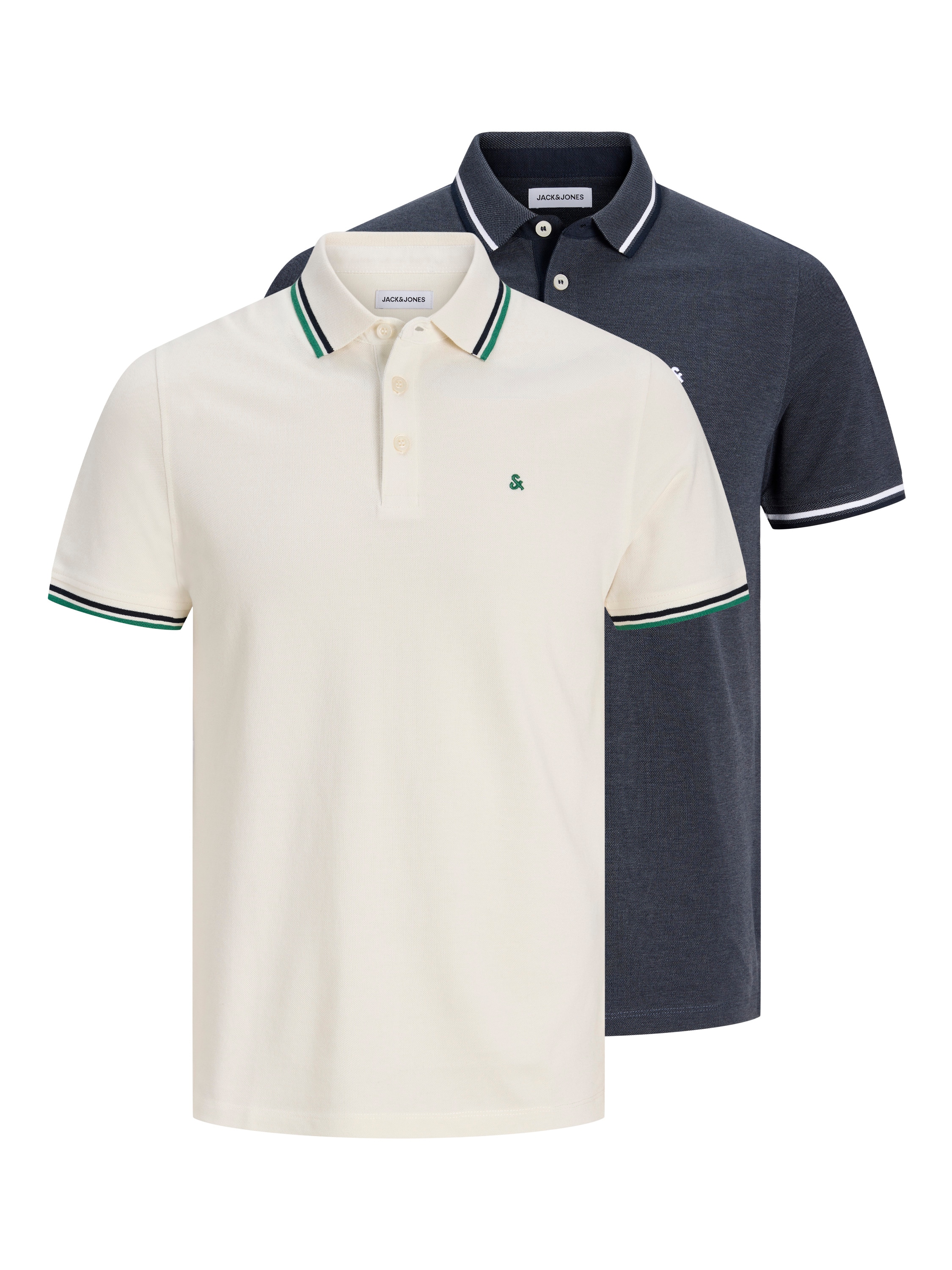Jack & Jones Poloshirt "JJEPAULOS im Doppelpack mit Logostickerei und Komfort" Packung, 2er-Pack, 2 unifarben mit Farbeinsatz, modisch, schmal, Baumwolle, Polokragen
