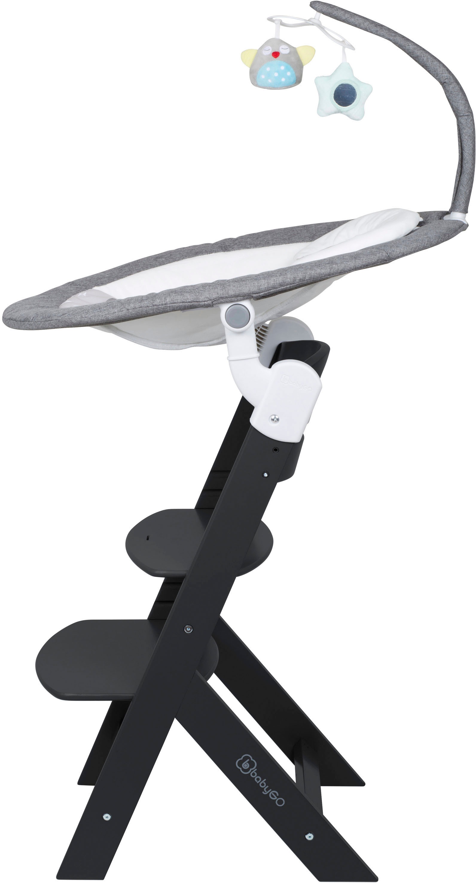 BabyGo Hochstuhl »Family Homey Set, schwarz/hellgrau« () mit elektrischer Babywippe inkl. Spielbogen