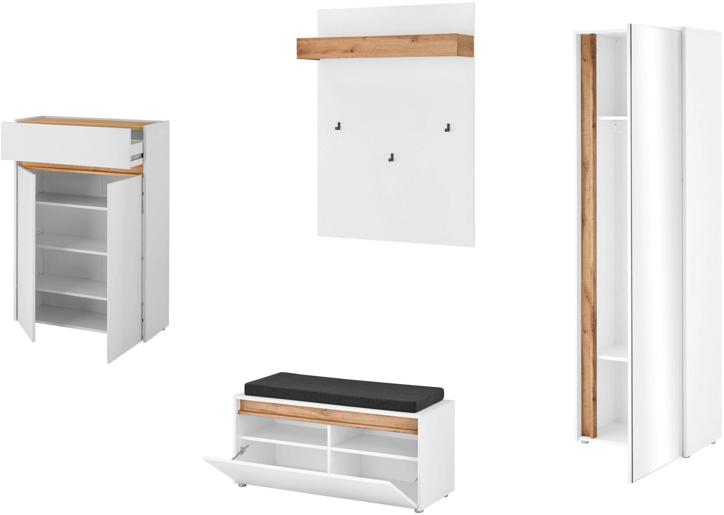 INOSIGN Garderoben-Set »City/Giron, moderne Garderobe, viel Stauraum, ca. 24 Schuhe«, (Set, 4 St.), enthält Schrank, Paneel, Schuhschrank & Garderobenbank mit Sitzkissen