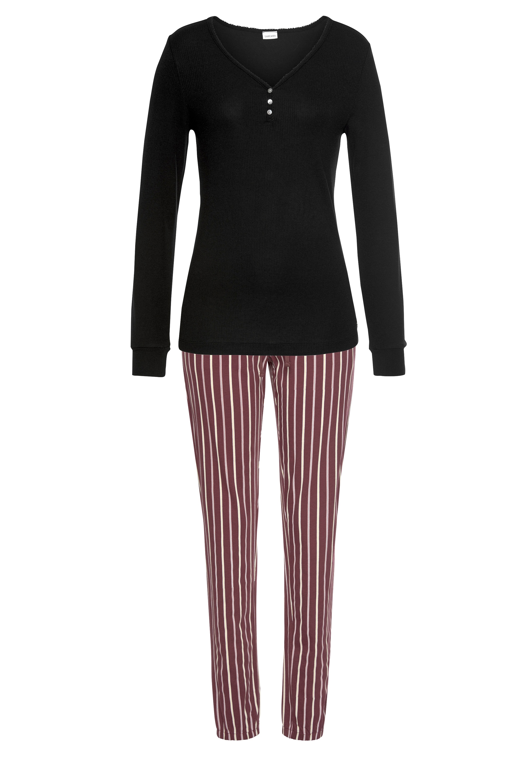 LASCANA Pyjama, 2 Stk. mit geripptem Langarmshirt günstig online kaufen