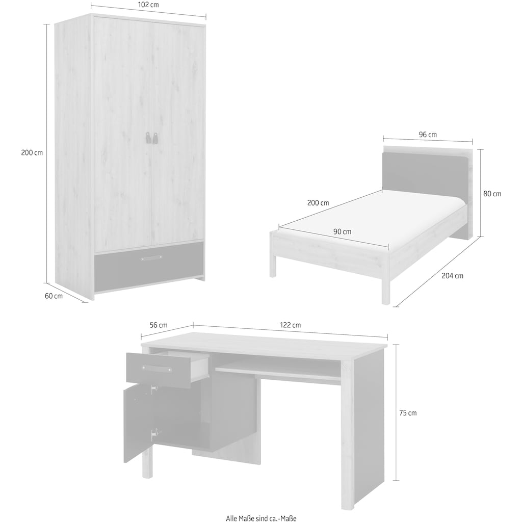 Gami Jugendzimmer-Set »Arthus«, (4 St., Bett mit Kopfteil, Kleiderschrank, Schreibtisch)