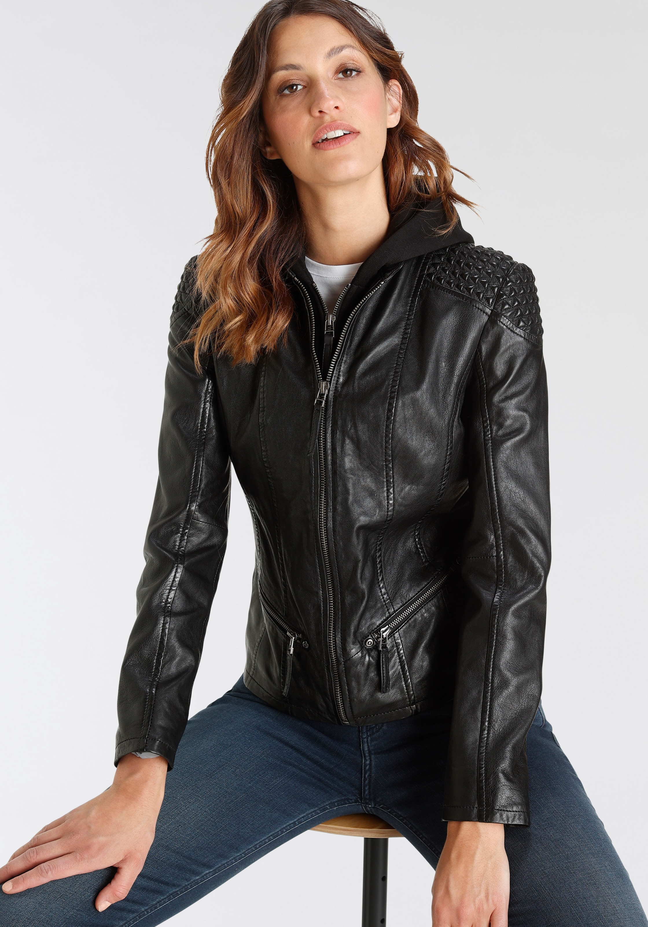 Mauritius Bikerjacke "GWNiruh", mit Kapuze, mit Nieten-Details an der Schul günstig online kaufen