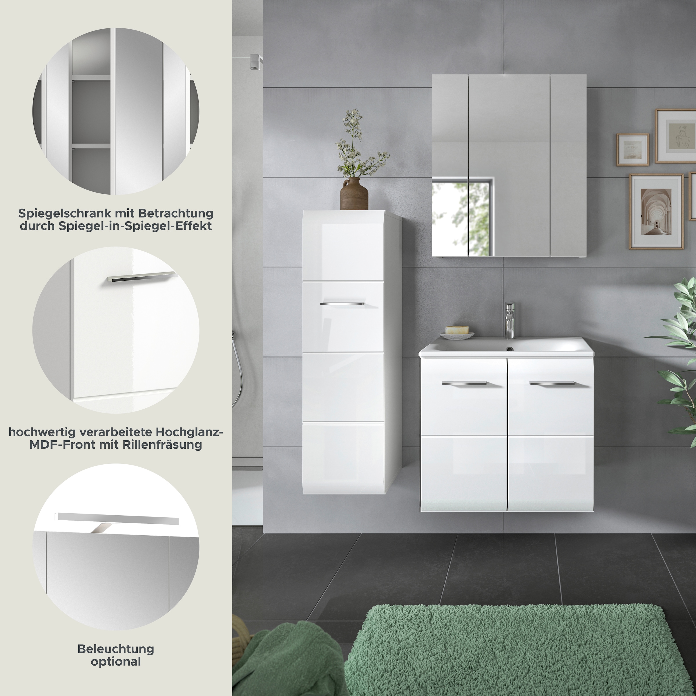 INOSIGN Badezimmer-Set, (Set, 4 St.), Florenz, Badkombination 4-tlg.,Weiß hochglanz, inkl. Waschbecken