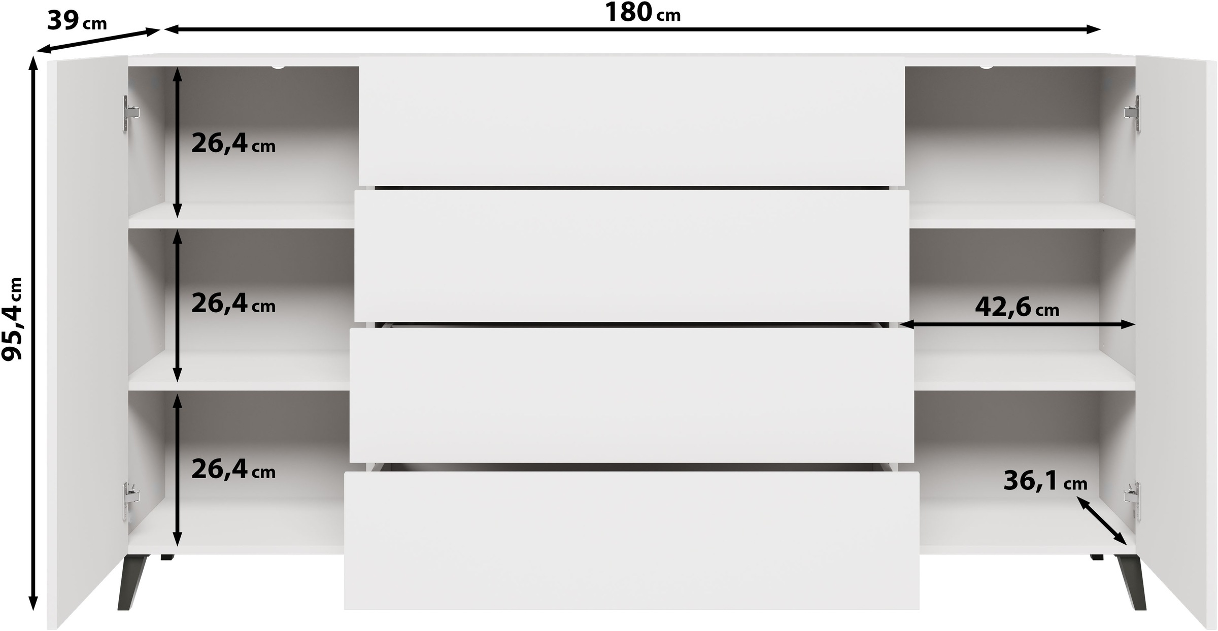 Home affaire Sideboard »Phuket 180 cm breit, modernes Design mit Stauraum« 1 Stk. tlg. Kommode mit 2 Türen, 4 Schubladen und verstellbaren Einlegeböden