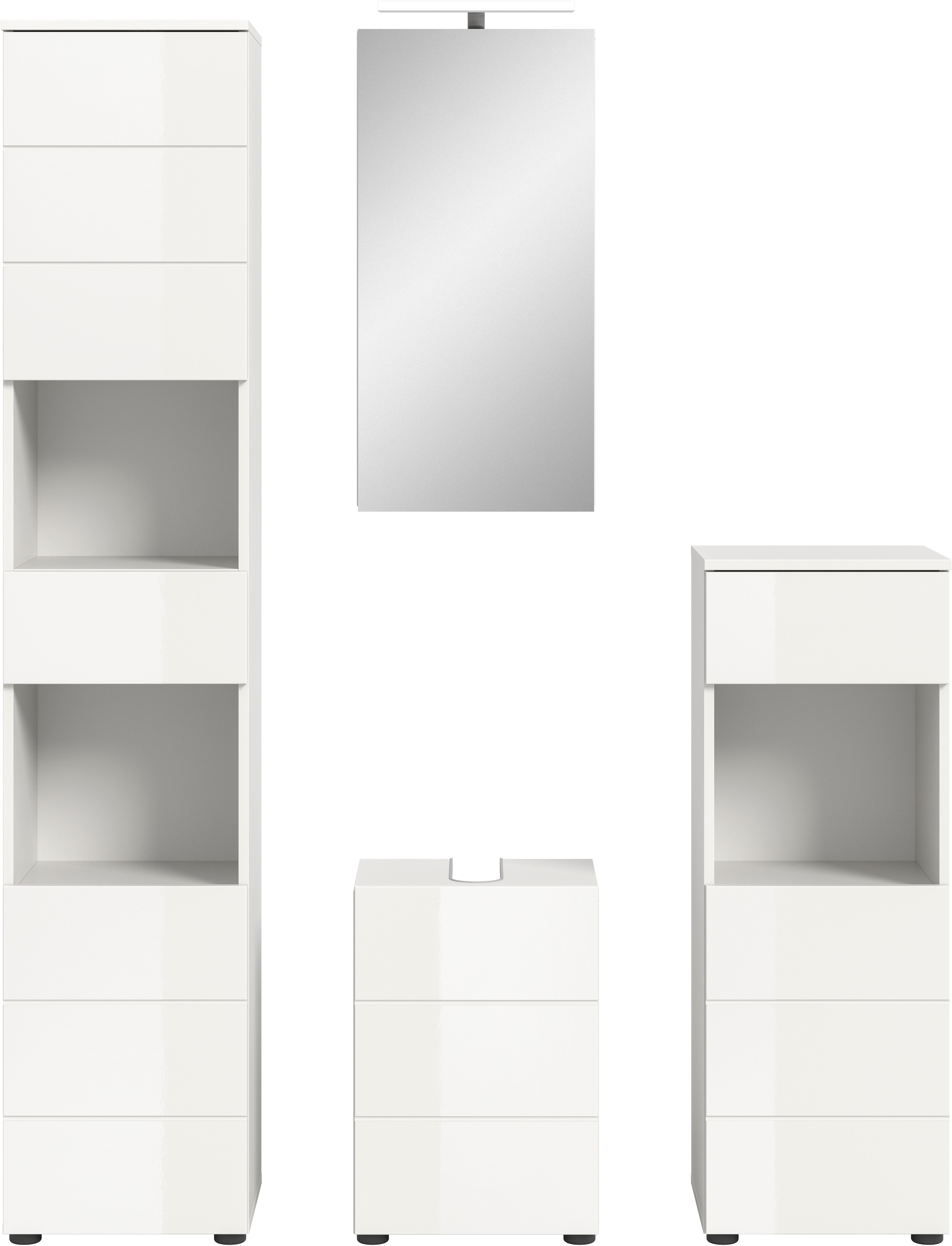 welltime Badmöbel-Set »Biel, Höhe 190 cm,Hochschrank,WBU, Spiegelschrank, Unterschrank, Lampe«, (5 St.), Bad Set, modern, Hoch-und Unterschrank, Spiegel, Aufsatzleuchte