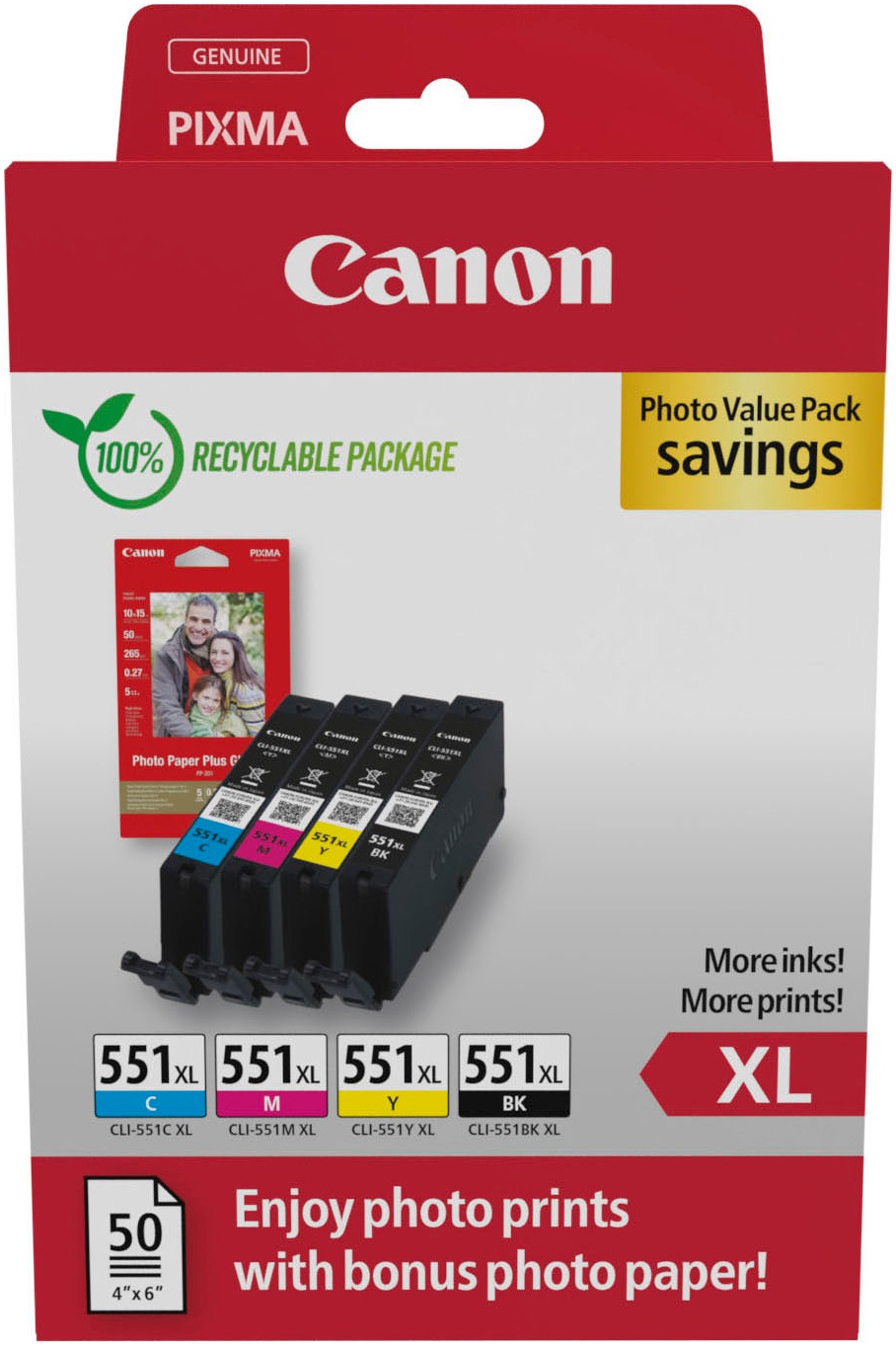 Canon Tintenpatrone »CLI-551XL BK/C/M/Y + Photo Value Pack«, (Packung, 4 St.)