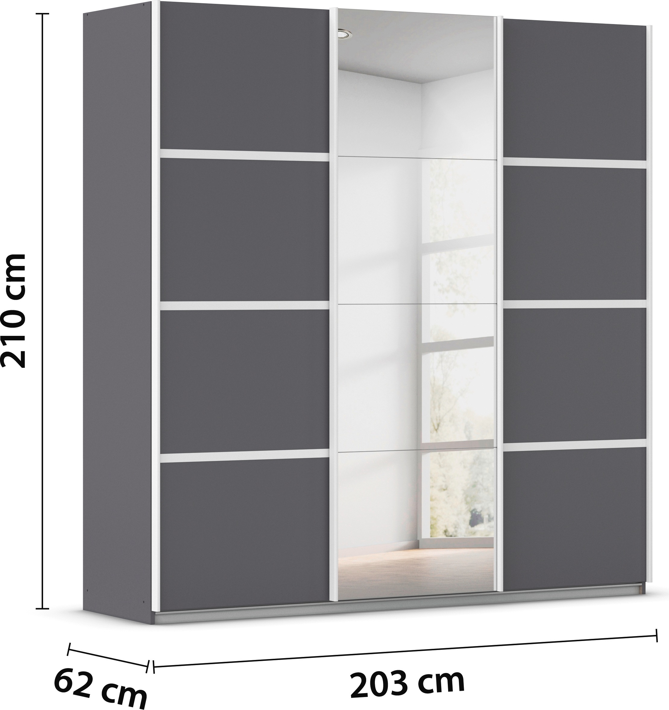rauch Kleiderschrank »Schwebetürenschrank Garderobe Schrank TOP ANGEBOT Avola«, (in 3 verschiedenen Ausstattungen BASIC/CLASSIC/PREMIUM inkl. Spiegel), mit eleganten Zierleisten in Chrom, Schwarz oder Weiß MADE IN GERMANY