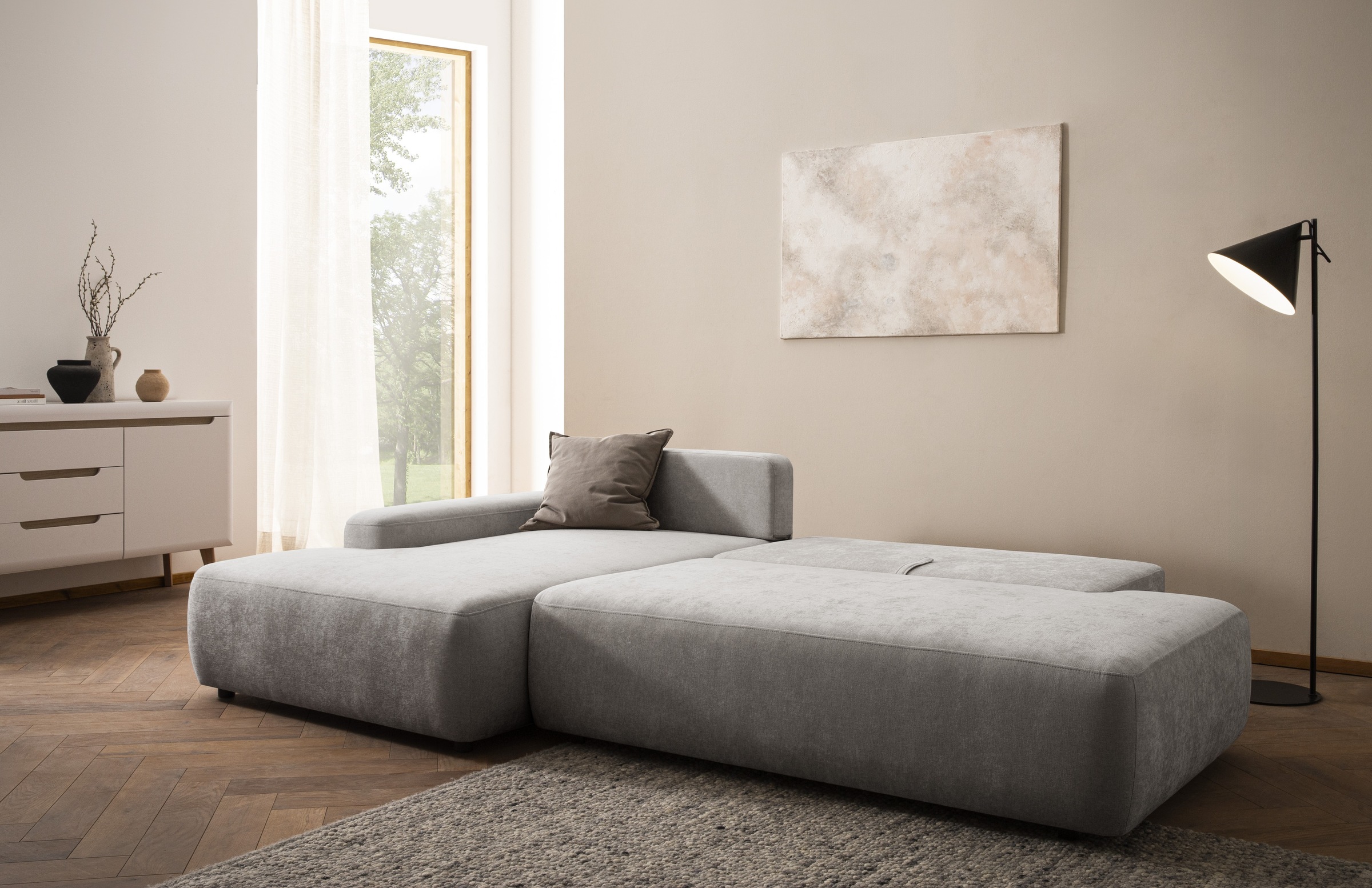 INOSIGN Ecksofa »TORGE, Schlafsofa Cord, Samtvelours u. Strukur fein, Couch in L-Form«, Schlaffunktion und Bettkasten, Liegefläche: 210x125 cm, neues Design
