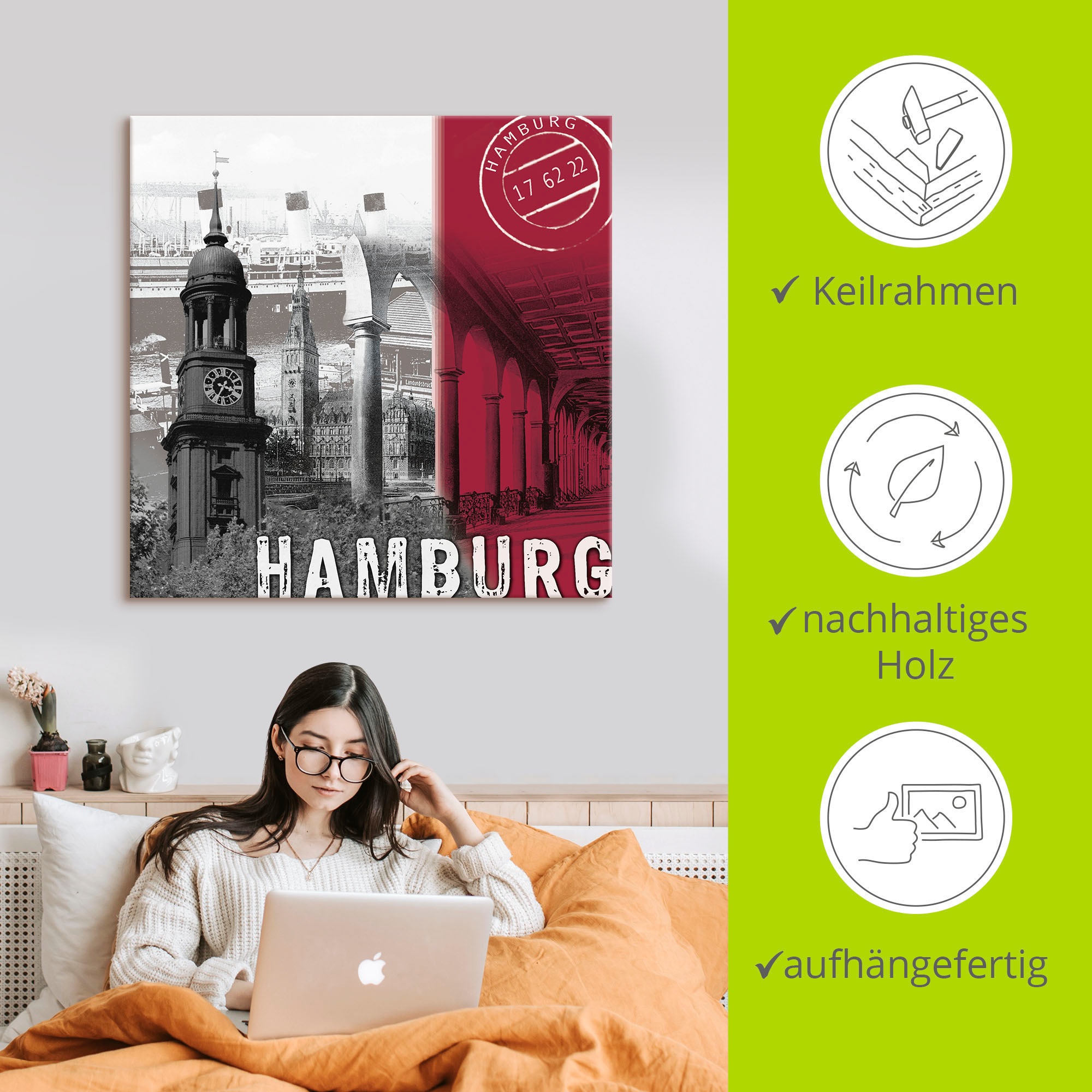 Artland Wandbild »Hamburg_ bordeauxrot«, Deutschland, (1 St.), als Leinwandbild, Poster in verschied. Größen