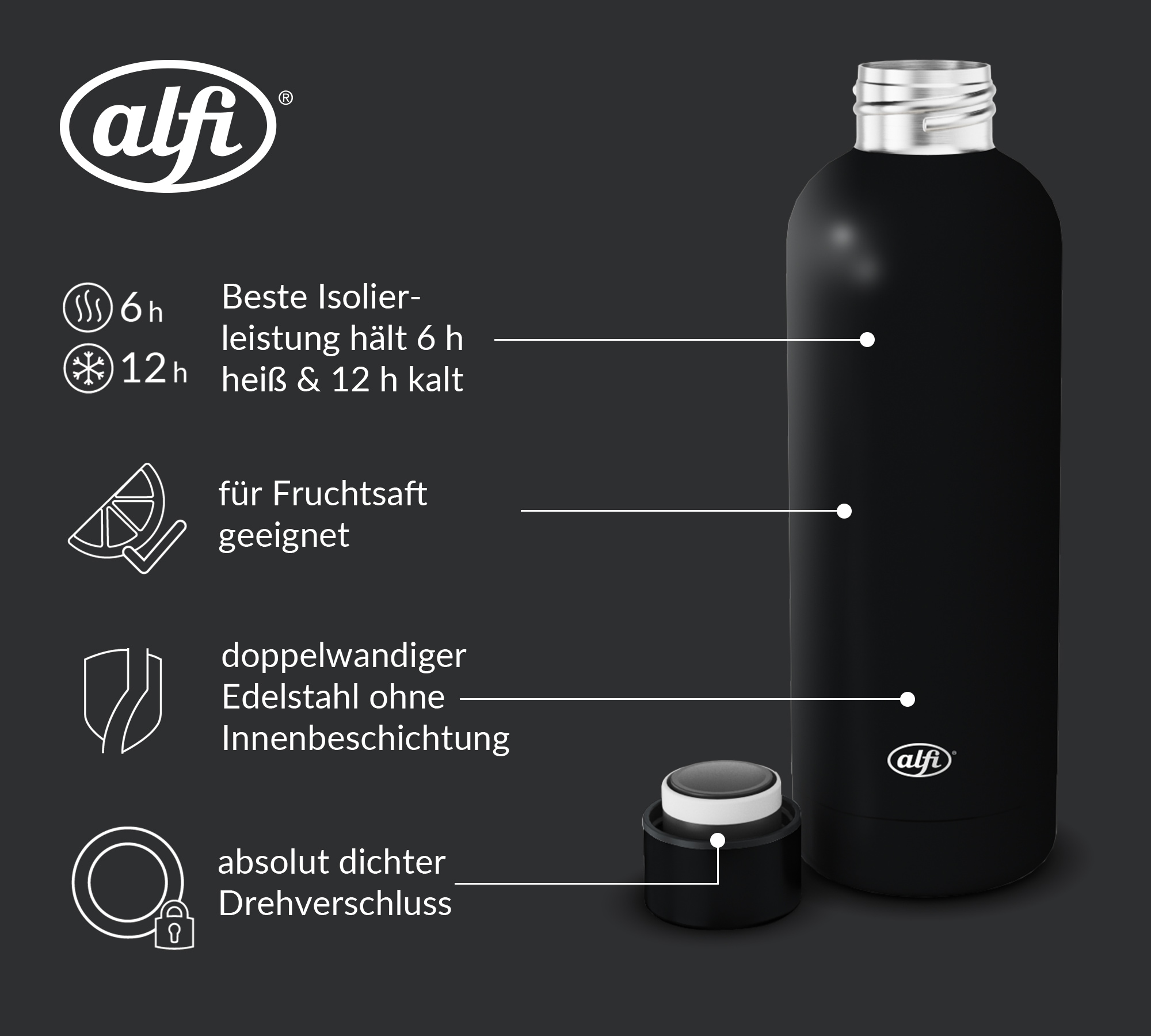 Alfi Isolierflasche »BASICS BOTTLE, aus doppelwandigem Edelstahl« 0,50l, 12h kalt oder 6h heiß, absolut dicht