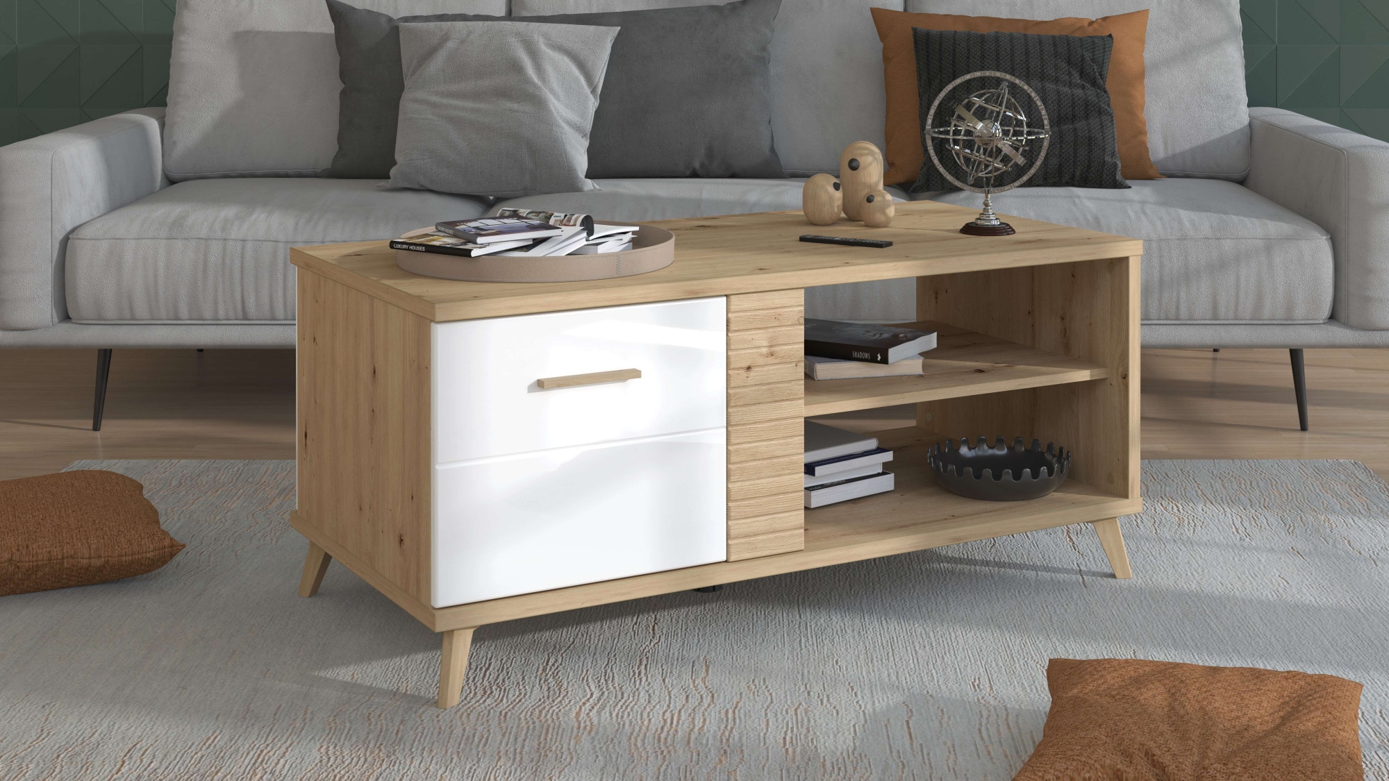 Home affaire Couchtisch "Bretagna 120 cm, rechteckig, in zeitloser Design" mit viel Stauraum, Artisan Eiche Dekor mit Segmenten in Weiß
