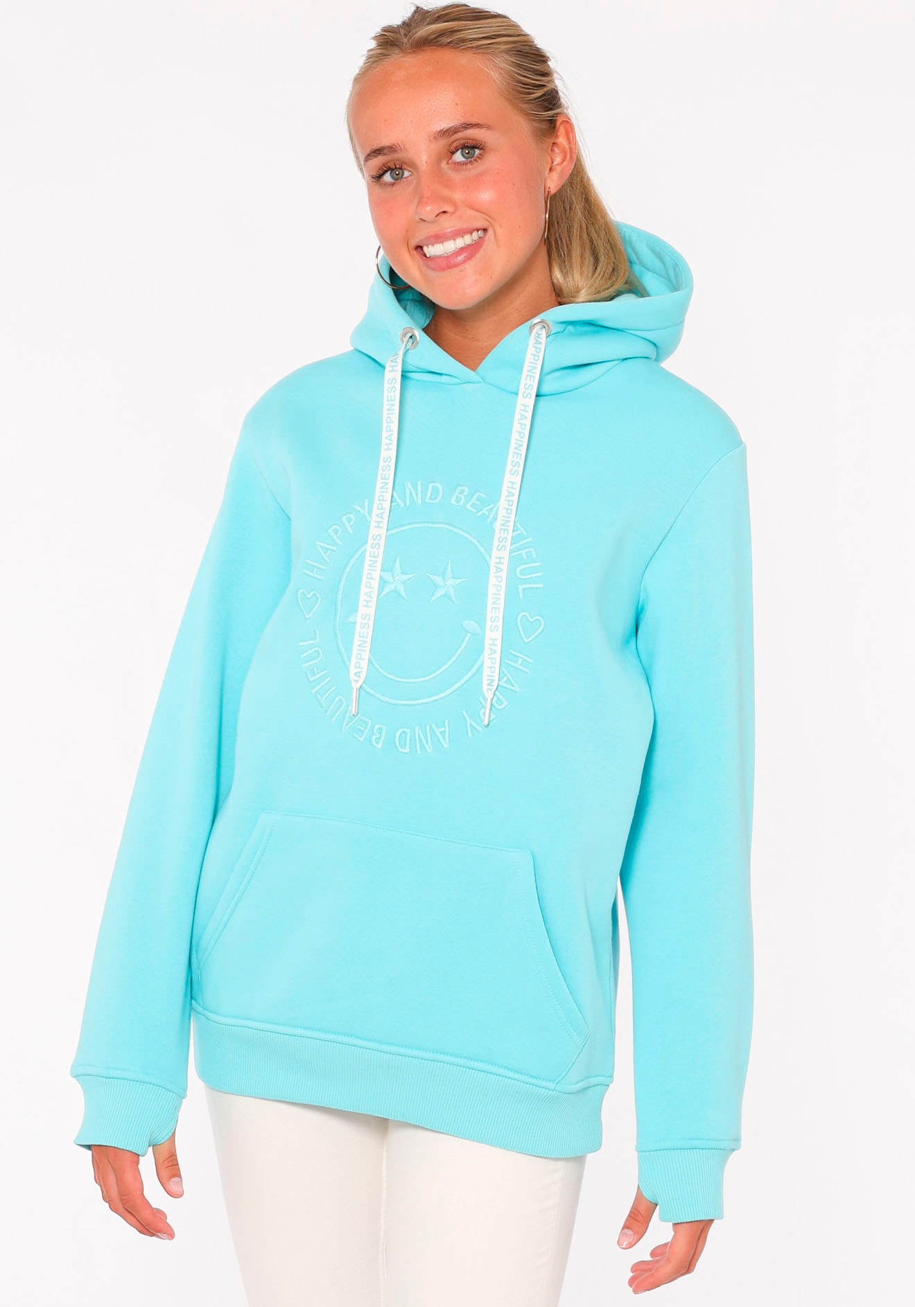 Hoodie »Happy and Beautiful«, mit gleichfarbiger Smiley-Stickerei und Bindebänder mit...