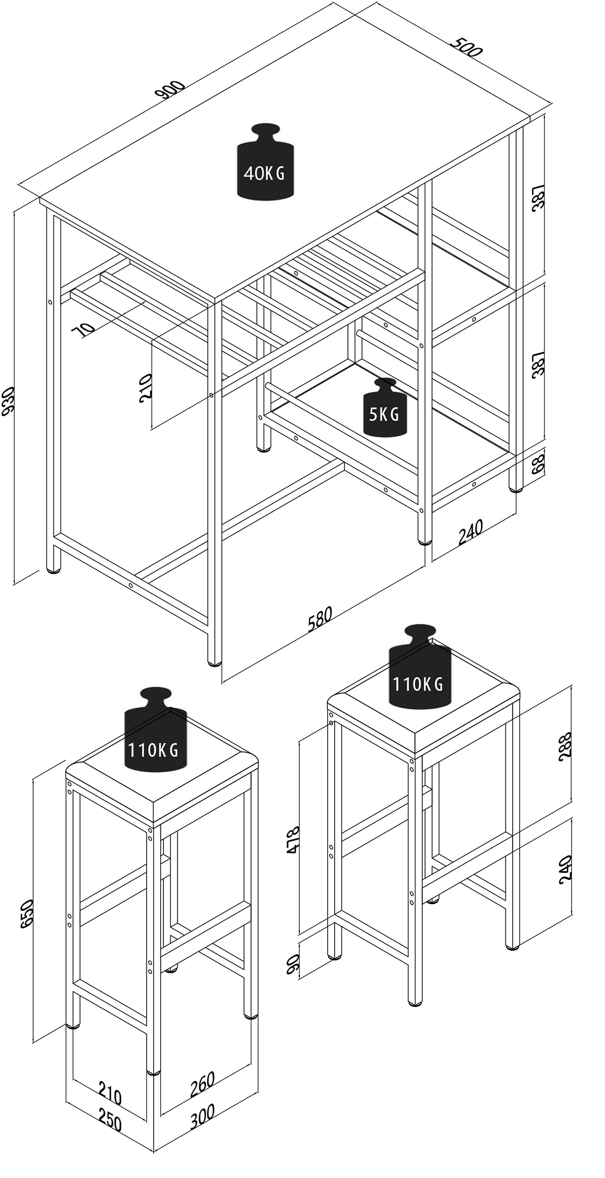 VCM Bartisch »VCM 3 tlg. Set | Bartisch | Maße Tisch ca. H. 93 x B. 90 x T. 50 cm | Maße pro Barhocher ca. H. 65 x B. 30 x T. 25 cm | Bistrotisch Bockerhocker - Kolari«, (Kolari)