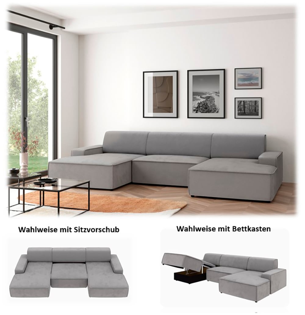 TRENDMANUFAKTUR Wohnlandschaft »Graz, wahlweise mit Sitzvorschub und Bettkasten, U-Form, Breite 329 cm«, in Cord-, haustierfreundlichem LEO Struktur- oder LUMOS-3D-Bezug