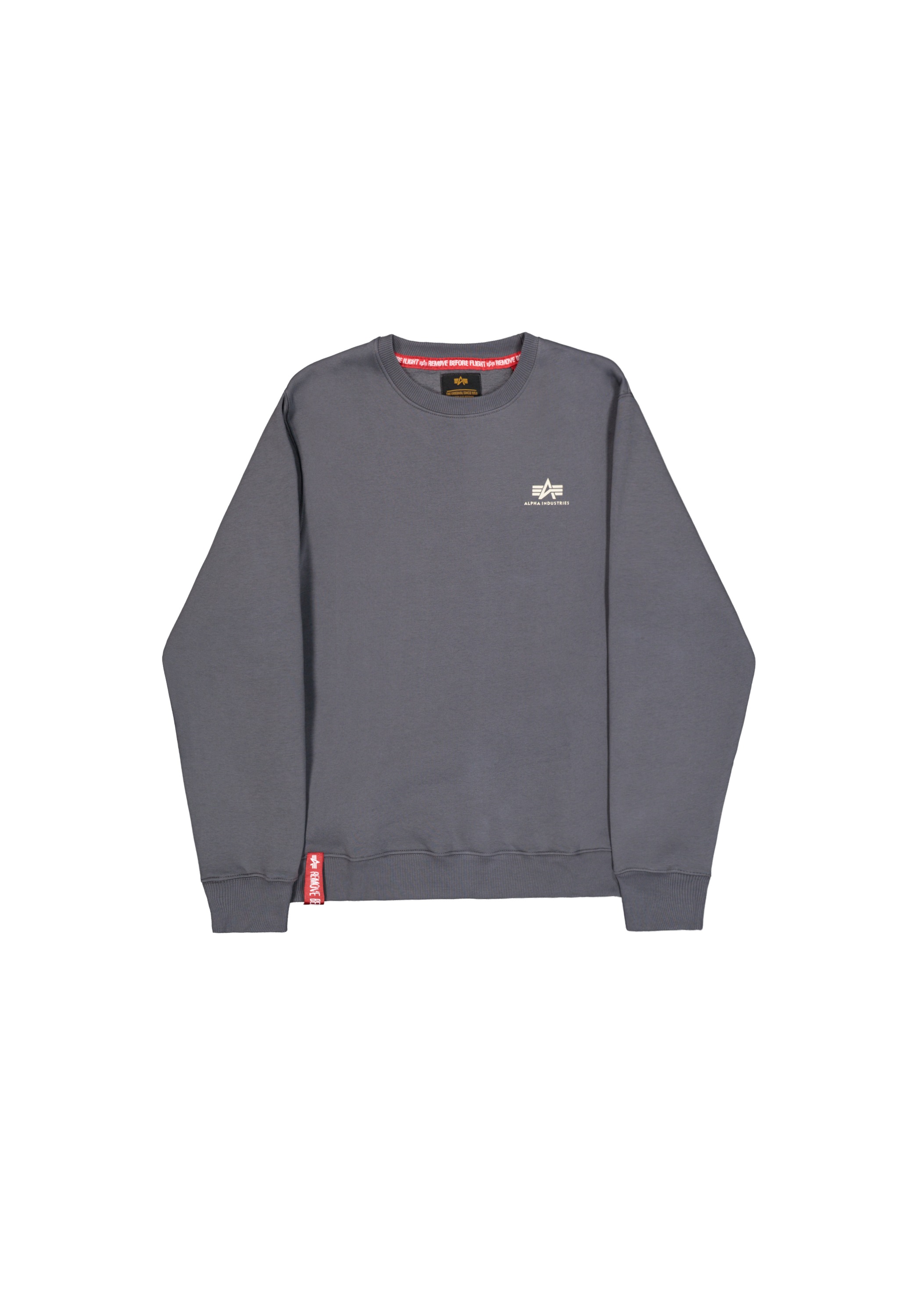 Sweatshirt ALPHA INDUSTRIES "Basic Sweater small Logo", Herren, Gr. S, grau (grauschwarz), angeraute Sweatware, Obermaterial: 100% Baumwolle, bedruckt, normal normal, Rundhals, Rippbündchen, Sweatshirts Sweatshirt, Baumwollmischung, regular fit