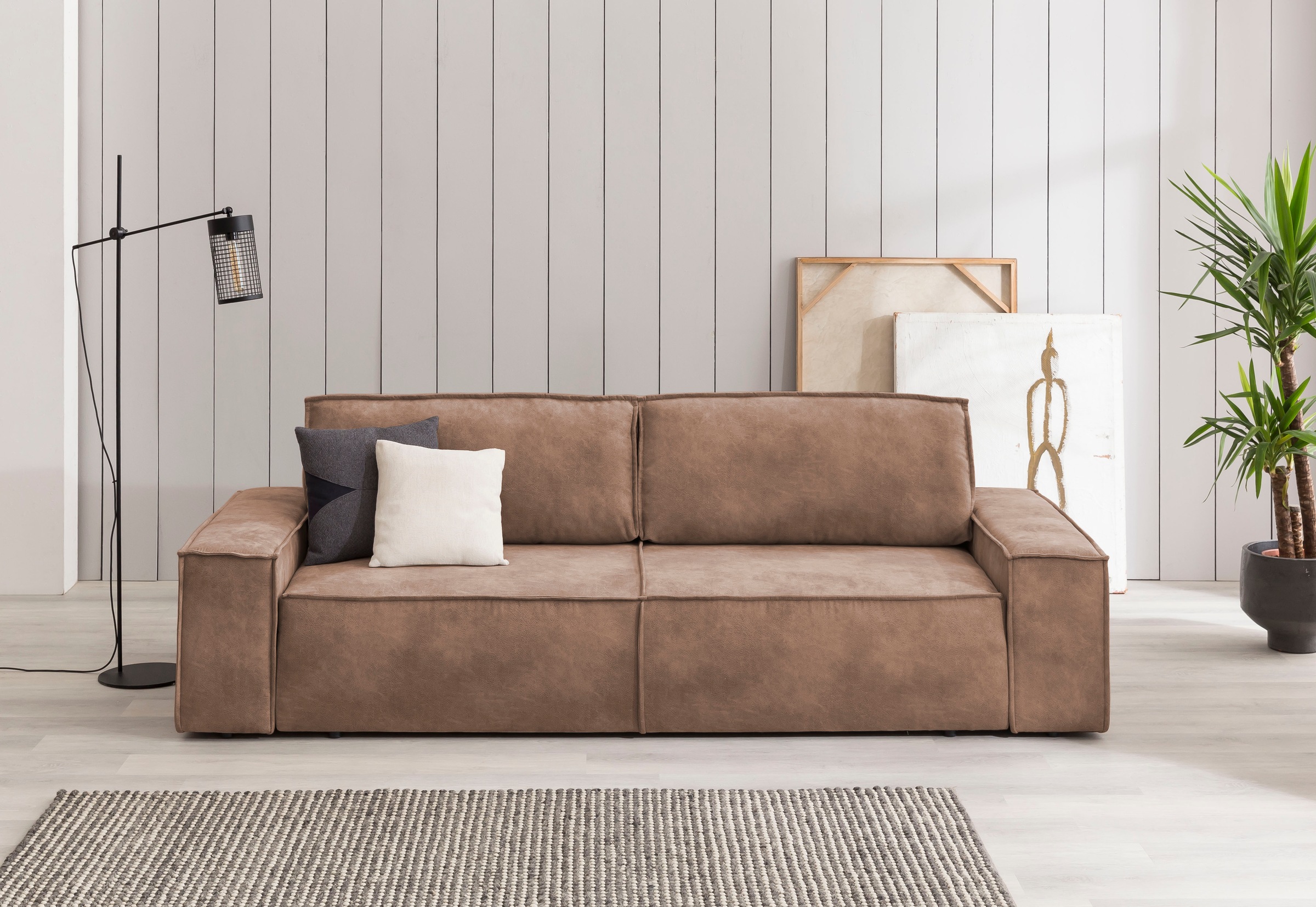 OTTO home 3-Sitzer "SHERWOOD Vintage Lederoptik Schlafsofa (257cm)" Schlaffunktion mit Bettkasten (ca. 136/200cm)