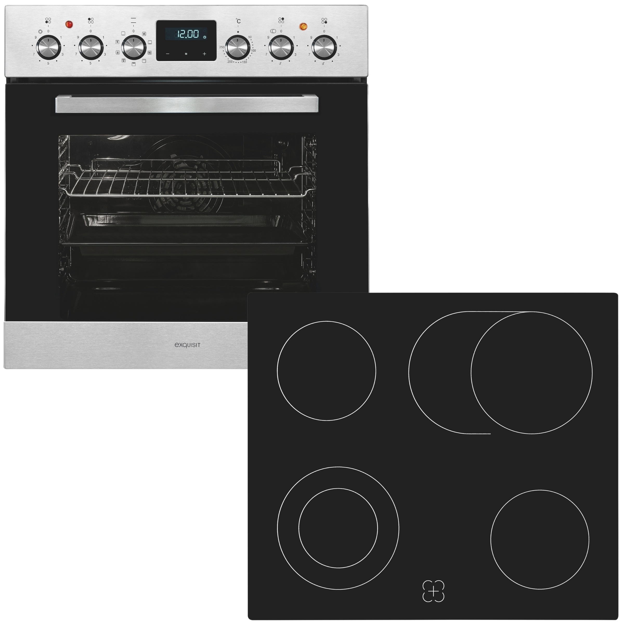 EXQUISIT Elektro-Herd-Set "EHE 185-HZ-020 inox", schwarz, Herdsets, Pizzastufe-Pizzabacken zuhause Kochfeld mit Bräterzone für's Schmoren