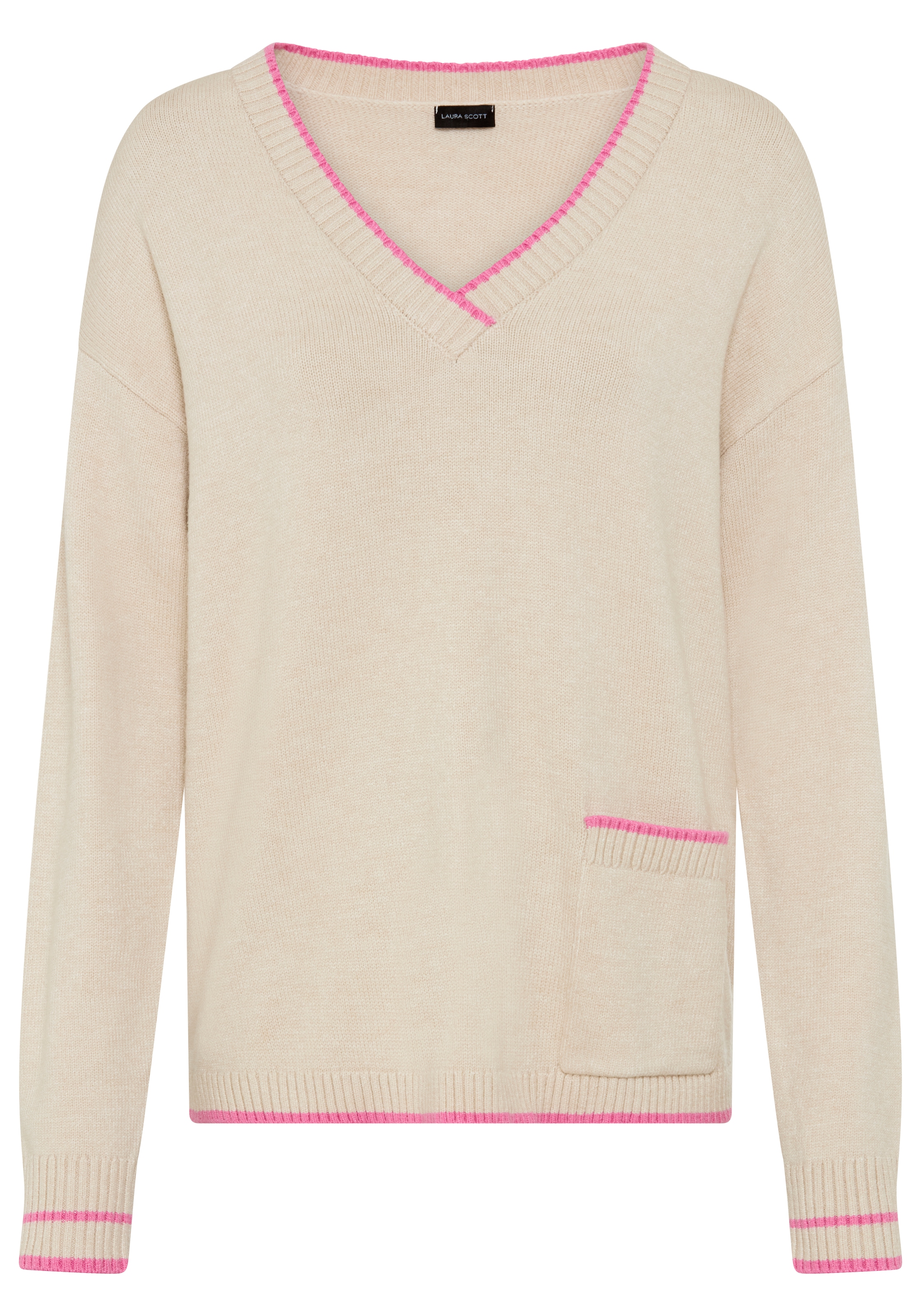 Laura Scott V-Ausschnitt-Pullover »mit aufgesetzter Tasche und lässiger Passform« mit Kontraststreifen