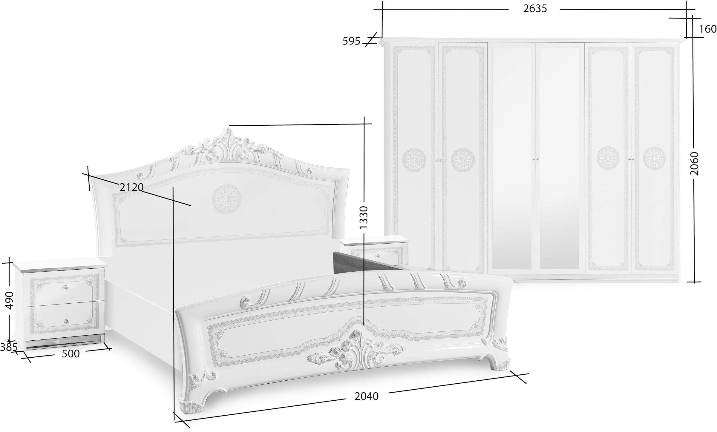 INOSIGN Schlafzimmer-Set »Greta, aus FSC-zertifiziertem Holzwerkstoff, Hochglanzoberfläche«, (4 tlg., aus 1 Kleiderschrank, 1 Bett (180x200cm) und 2 Nachtkommoden), im italienischen Barock- KLassik-Stil mit opulenten Verzierungen