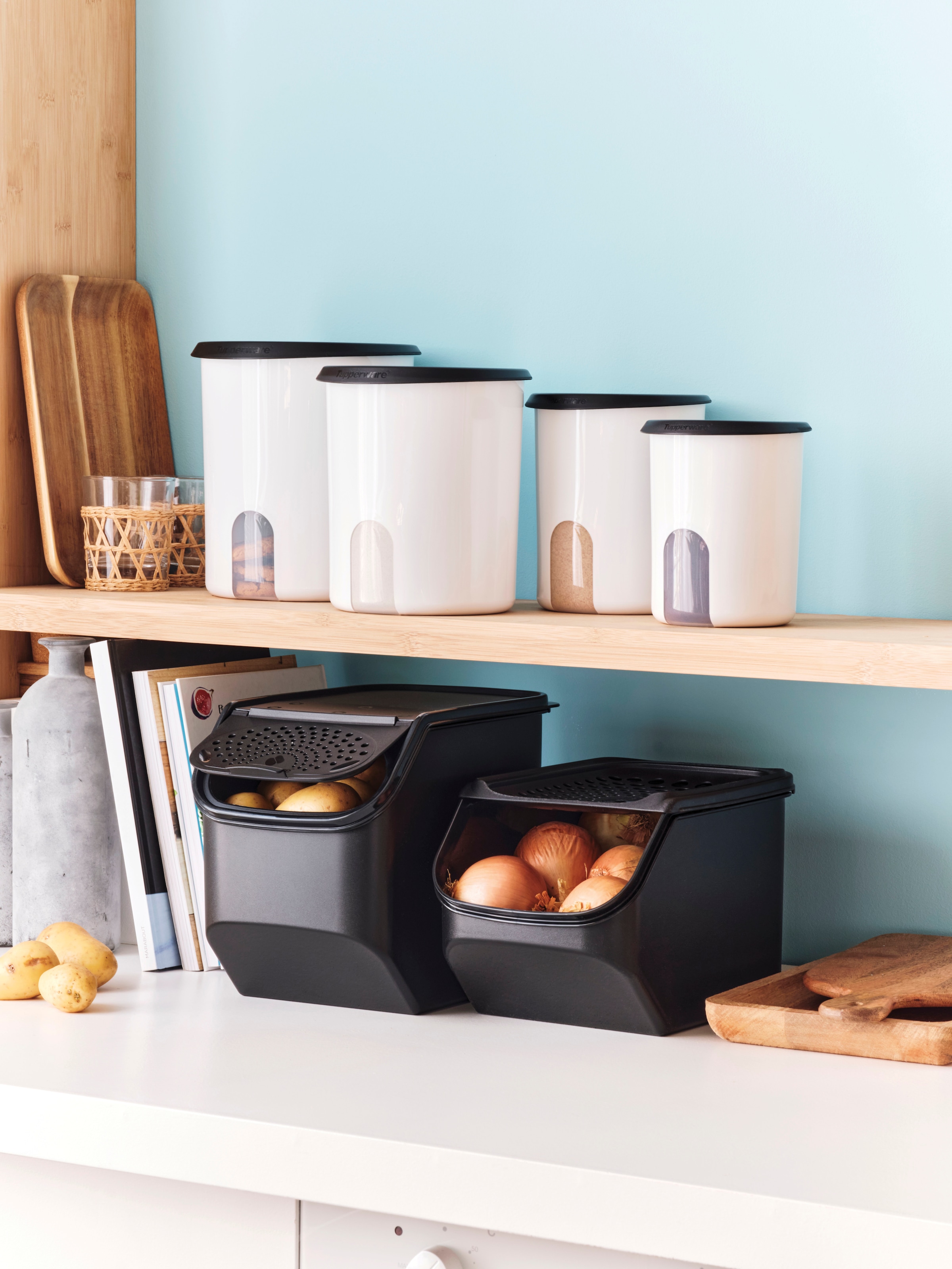 TUPPERWARE Aufbewahrungssystem »Tupperware, PotatoSmart 8,3 l + OnionSmart 5,5 l«, (Set, 2 tlg.), die perfekte Lösung für die Lagerung Ihrer Lebensmittel