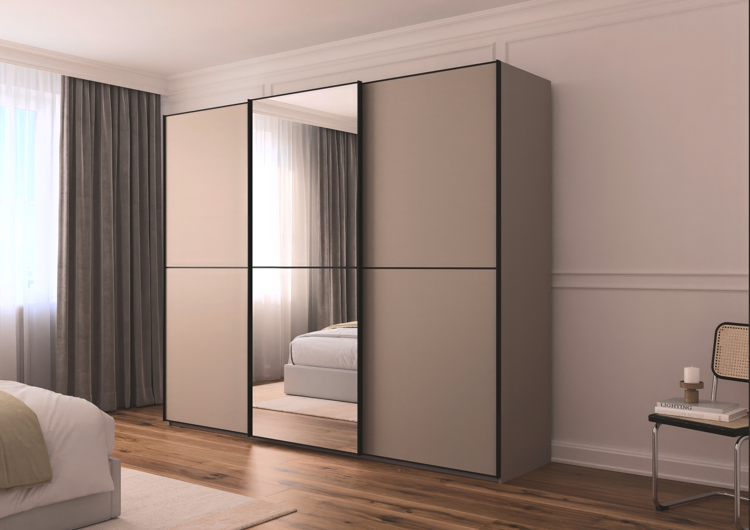 rauch Schwebetürenschrank »Kleiderschrank Schrank Garderobe Schlafzimmerschrank SCALE-DUO«, edle zweigeteilte Türen, Spiegel und 3 Zierleisten MADE IN GERMANY