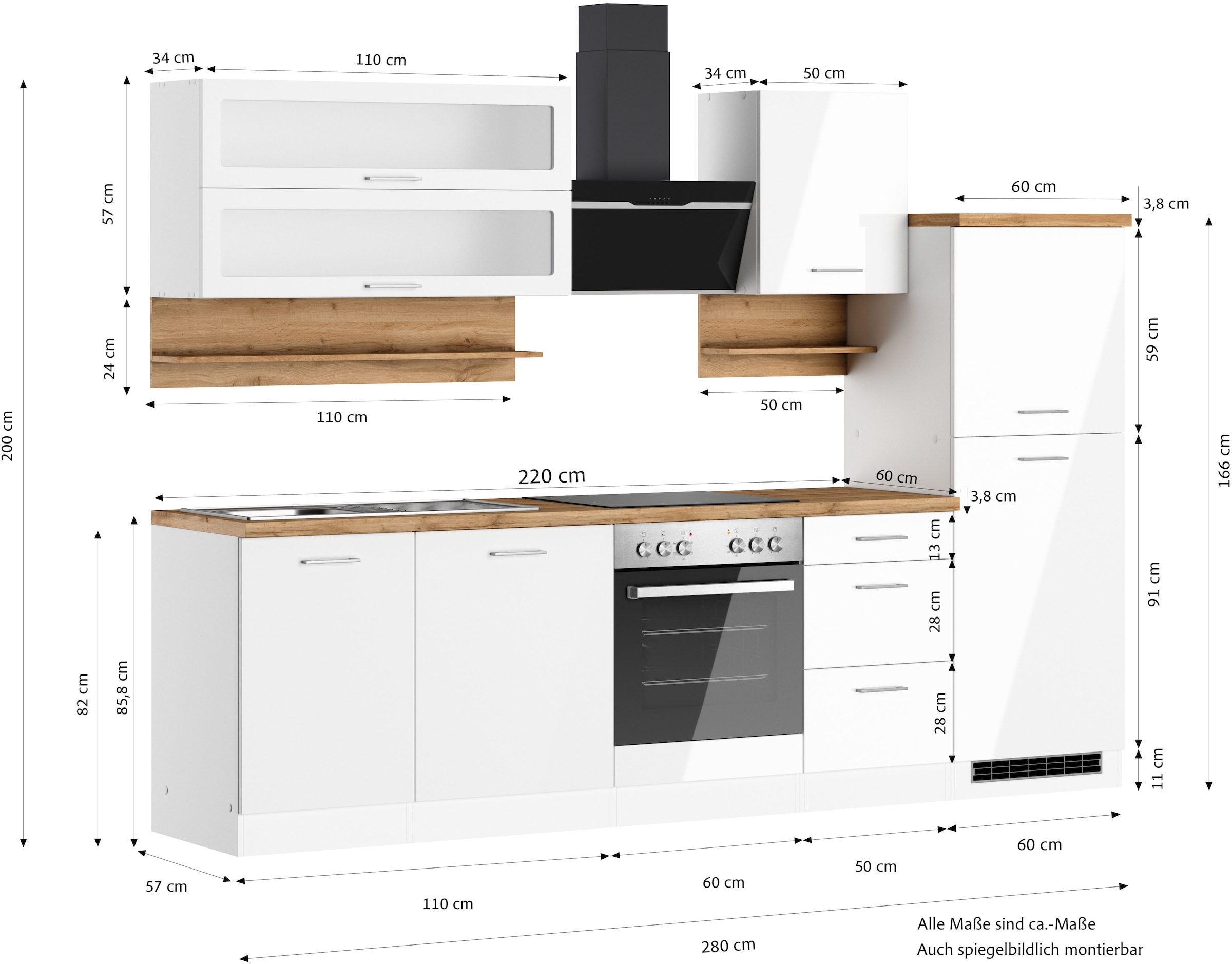 KOCHSTATION Küchenzeile »KS-Milan«, 280 cm breit, robuste Metallauszüge, viel Stauraum
