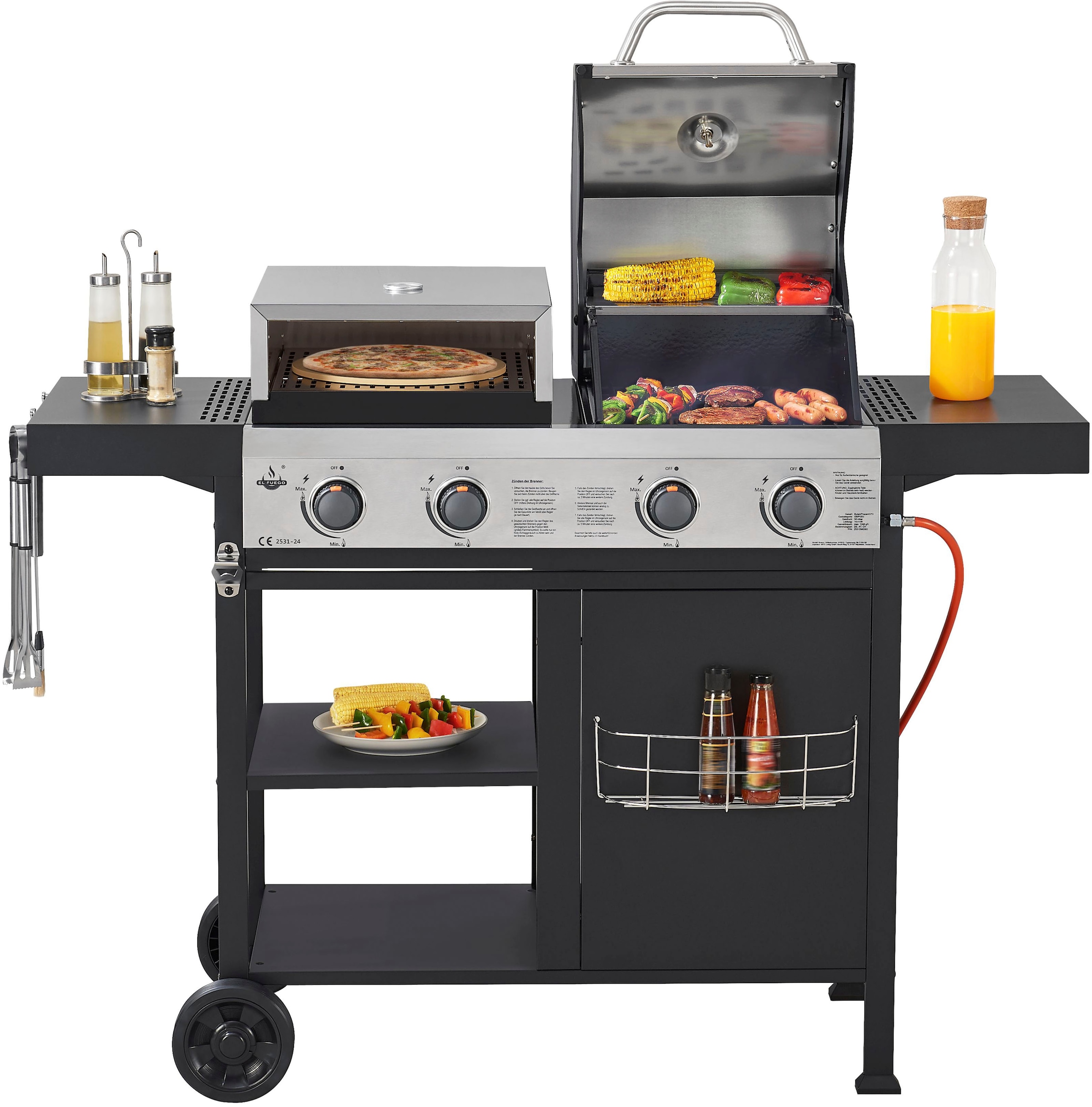 El Fuego Gasgrill »Kombigrill 3-in-1 Boston«, inkl. Pizzastein und Planchaplatte als Zubehör